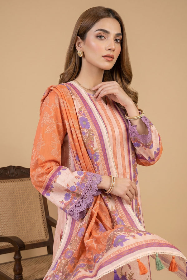 Peach 3 Piece Unstitched Premium Printed Lawn