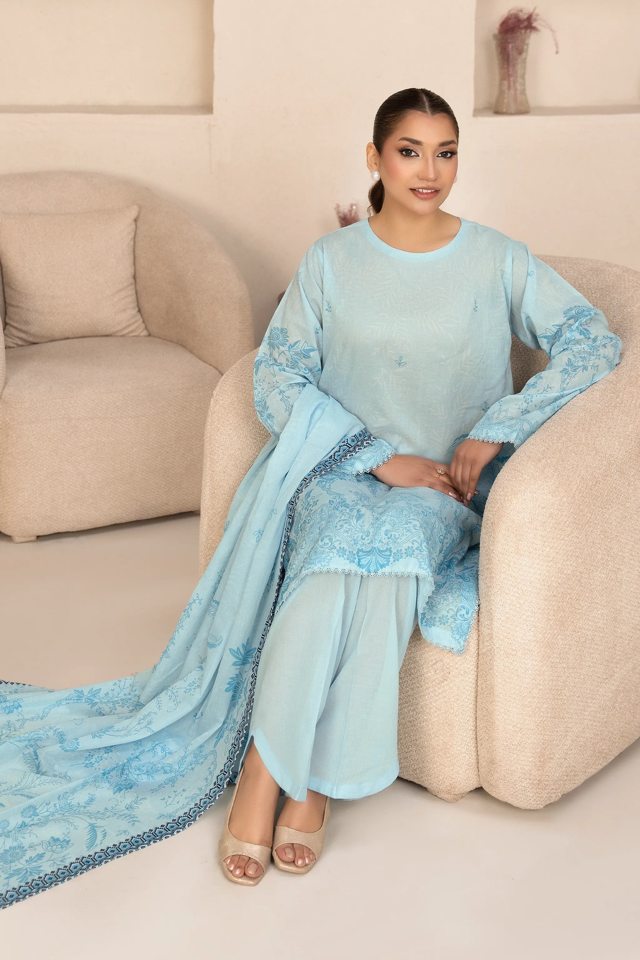 3 Piece Unstitched Light Blue Premium Printed Lawn