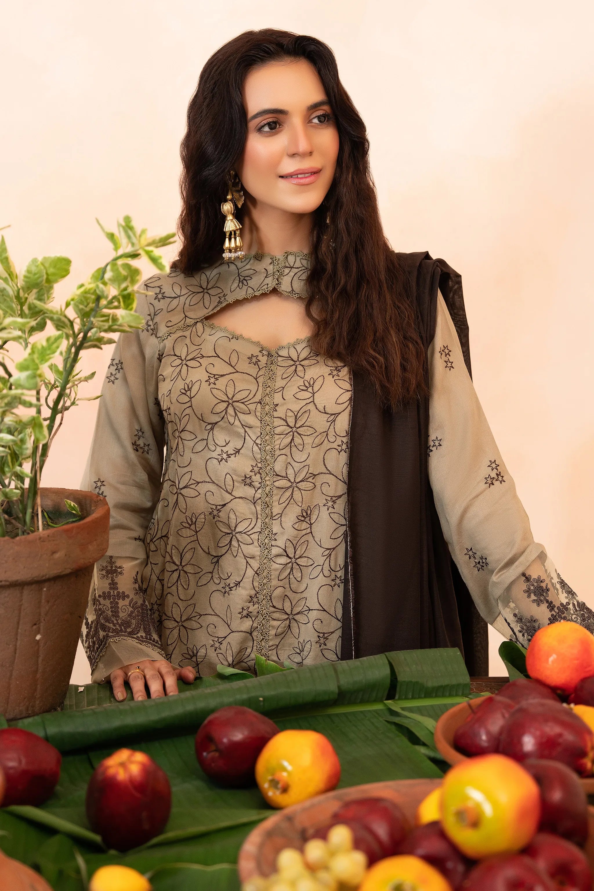 3 Piece Unstitched Tan Premium Emb Jacquard Lawn
