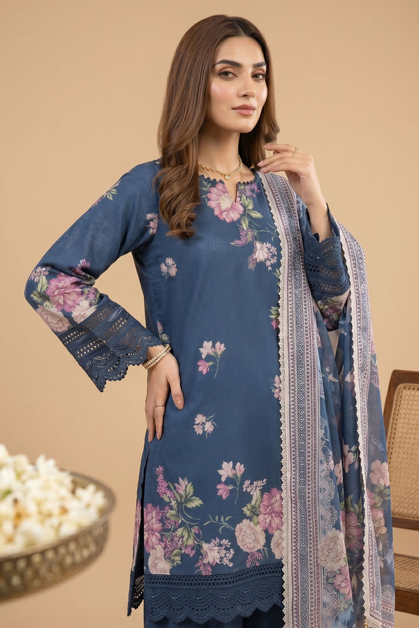 Blue 3 Piece Unstitched Premium Printed Lawn
