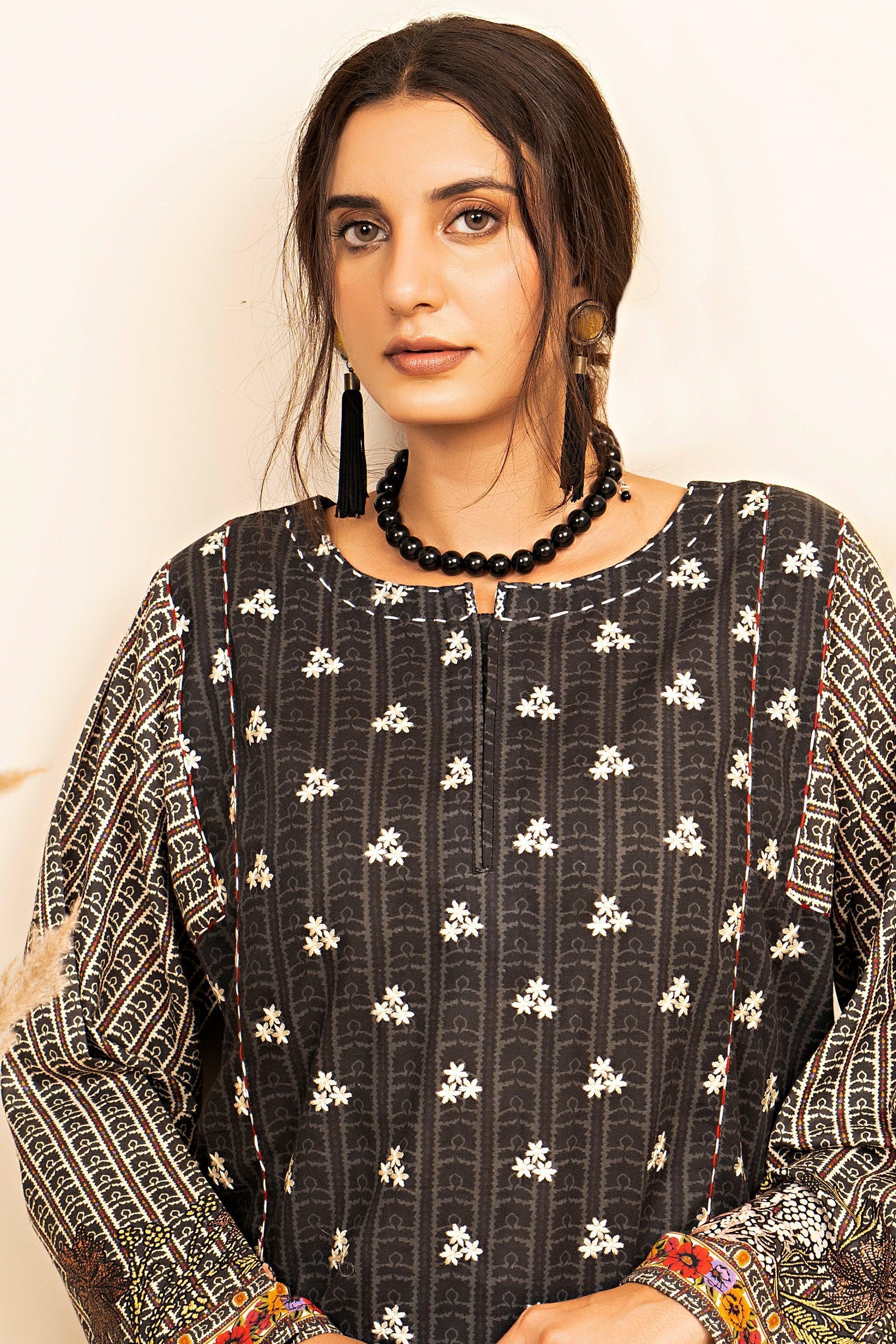 2 Piece Black Embroidered Cotton Unstitched - SafaNoor