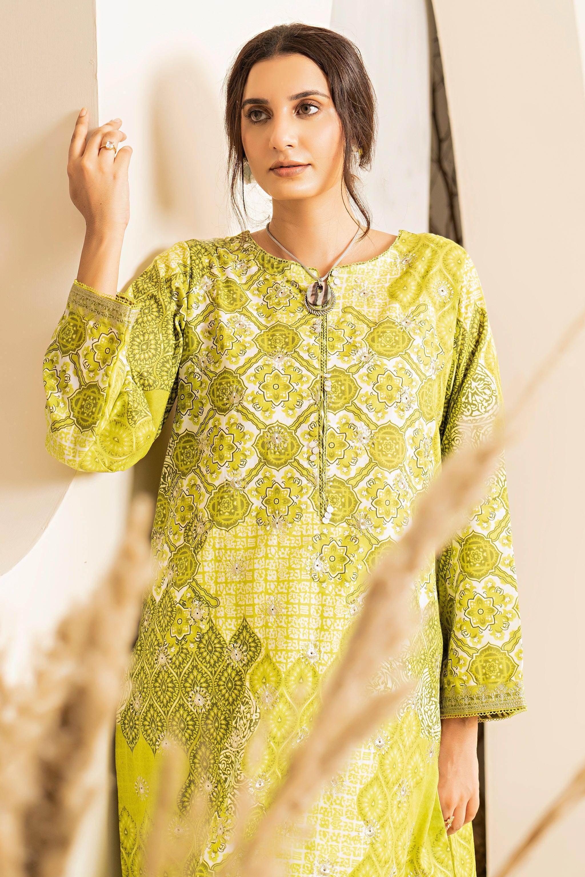2 Piece Olive Embroidered Cotton Unstitched - SafaNoor