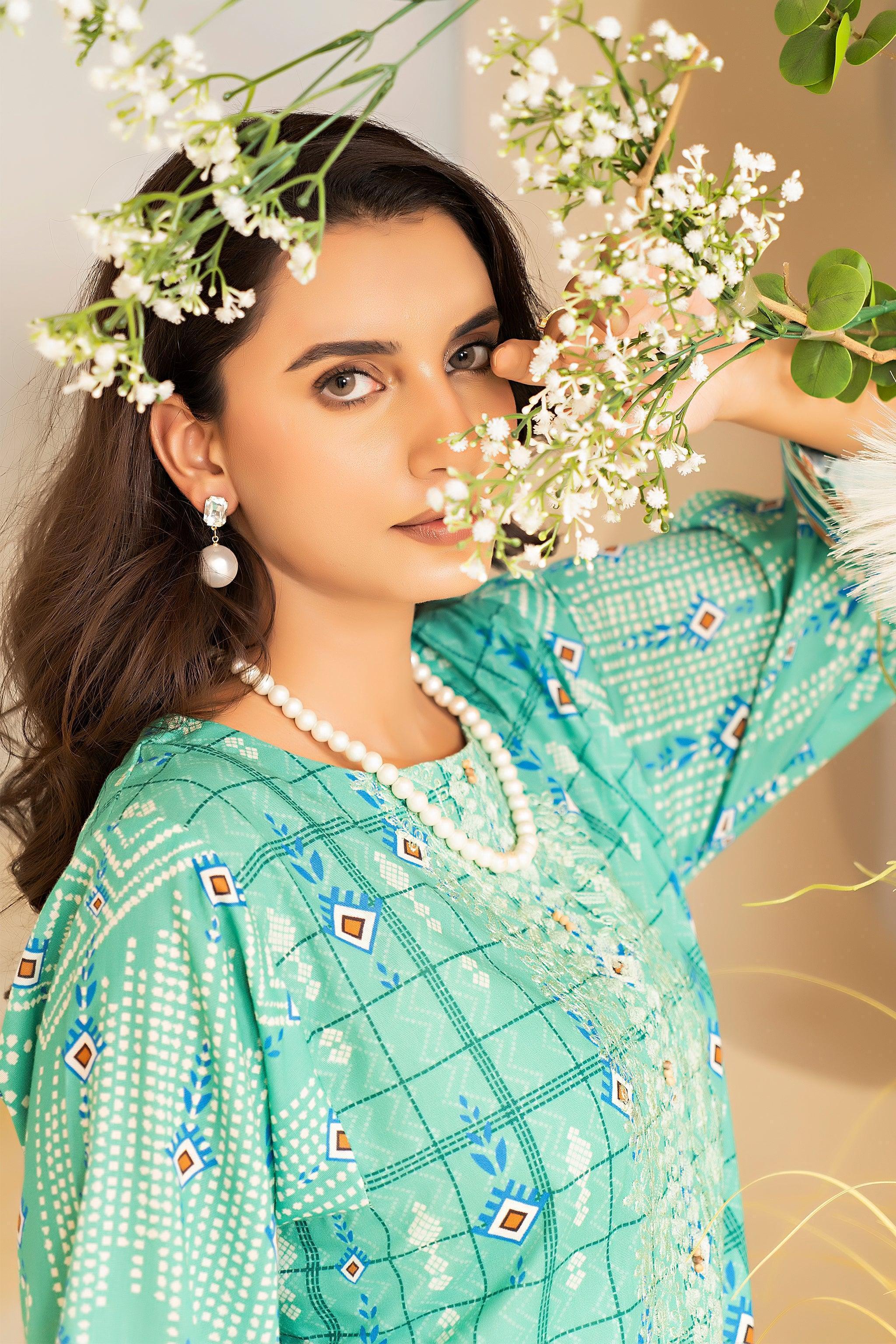 2 Piece Mint Green Embroidered Cotton Unstitched - SafaNoor