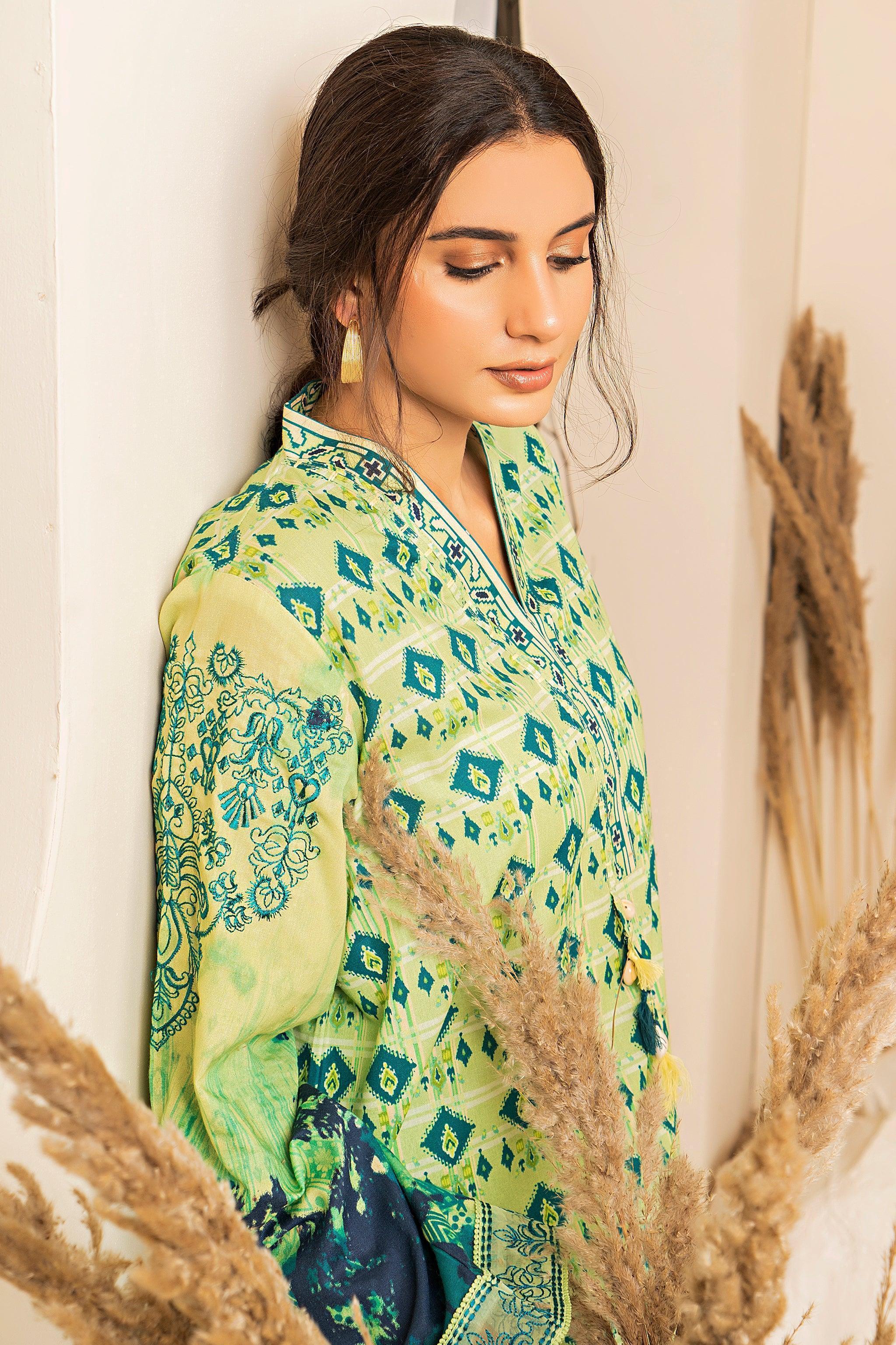 2 Piece Green Embroidered Cotton Unstitched - SafaNoor