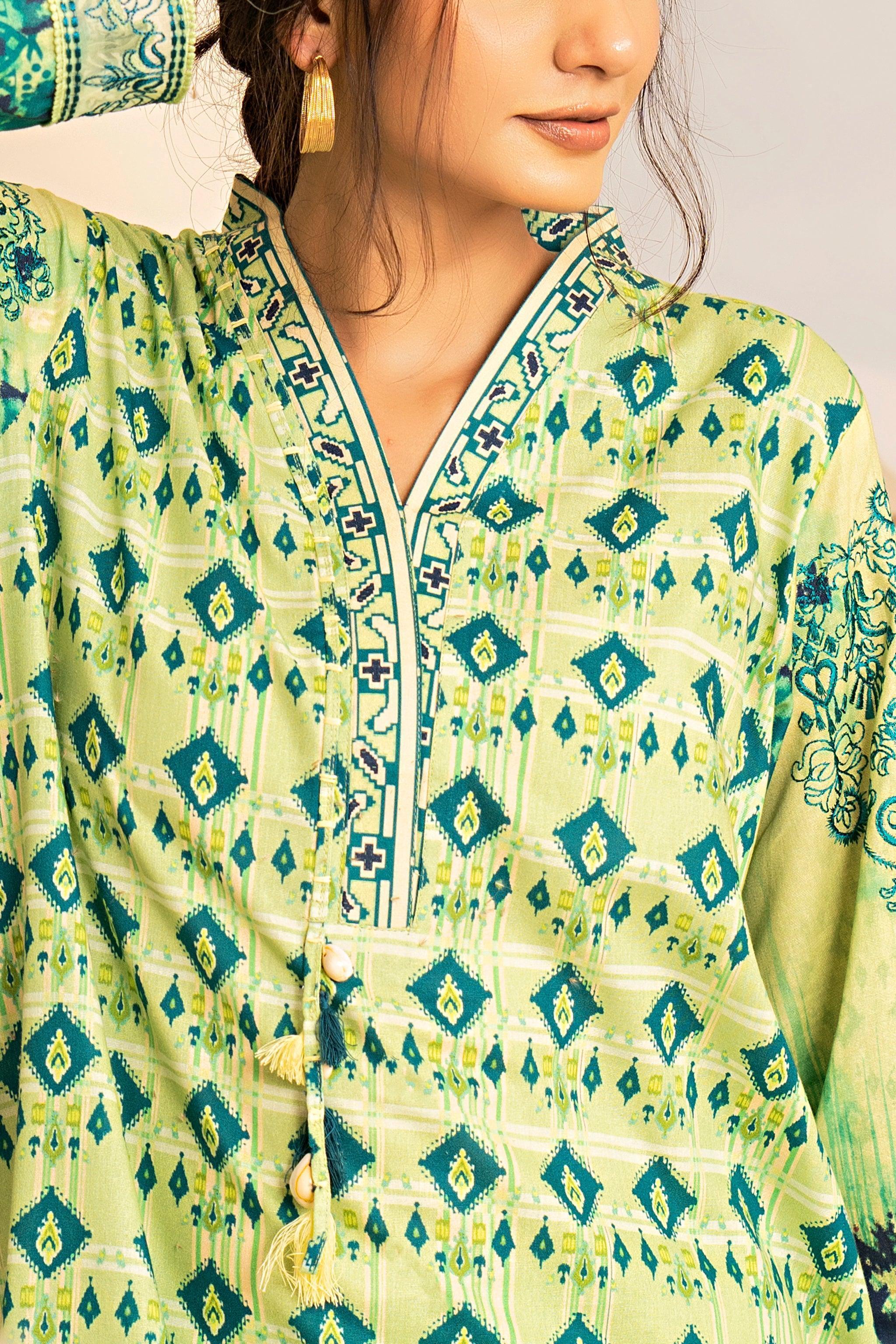 2 Piece Green Embroidered Cotton Unstitched - SafaNoor
