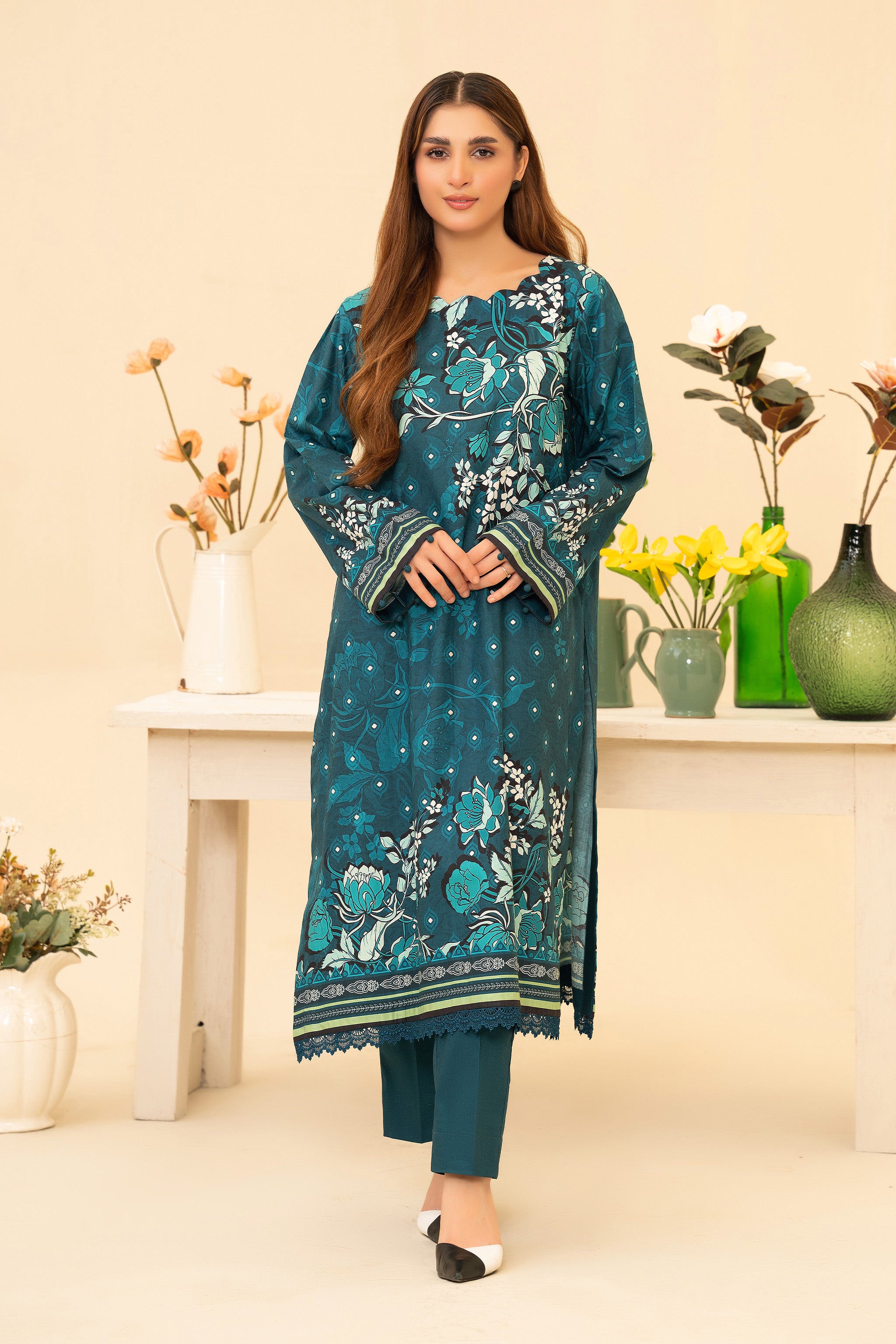 2 Piece Unstitched Sea Green Printed Cotton Secondary image