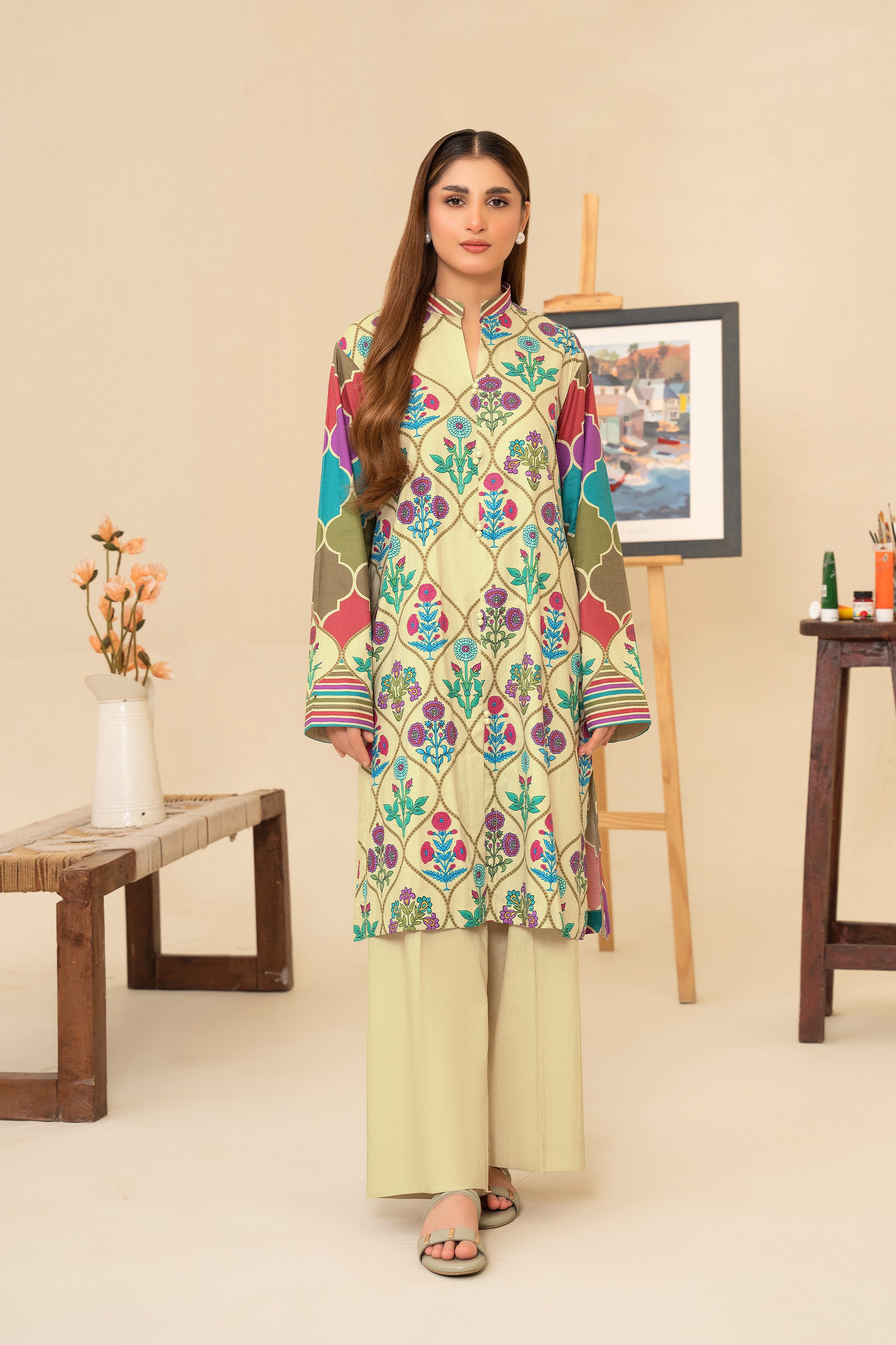 2 Piece Unstitched Olive Printed Cotton Secondary image