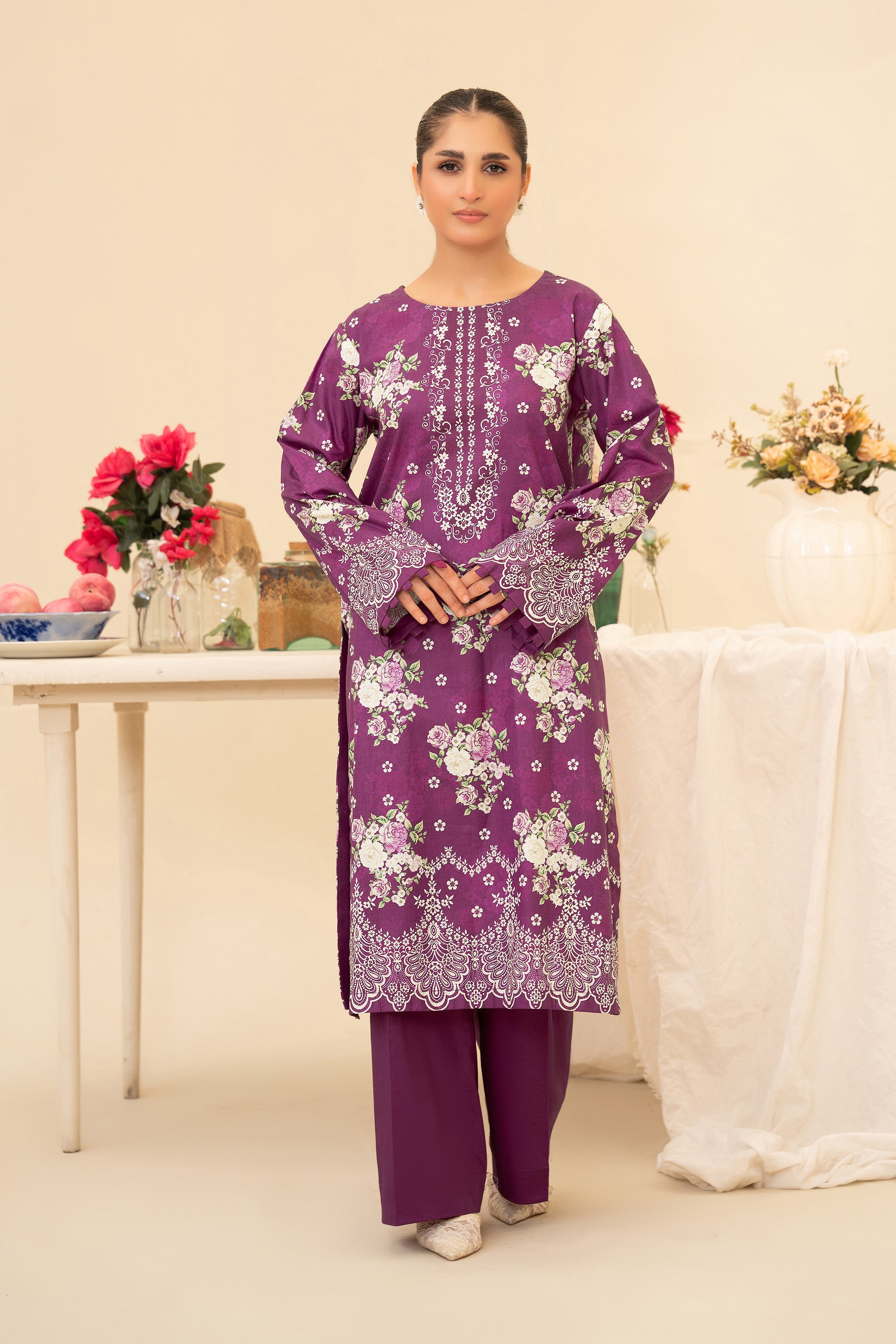 2 Piece Unstitched Plum Printed Cotton Secondary image