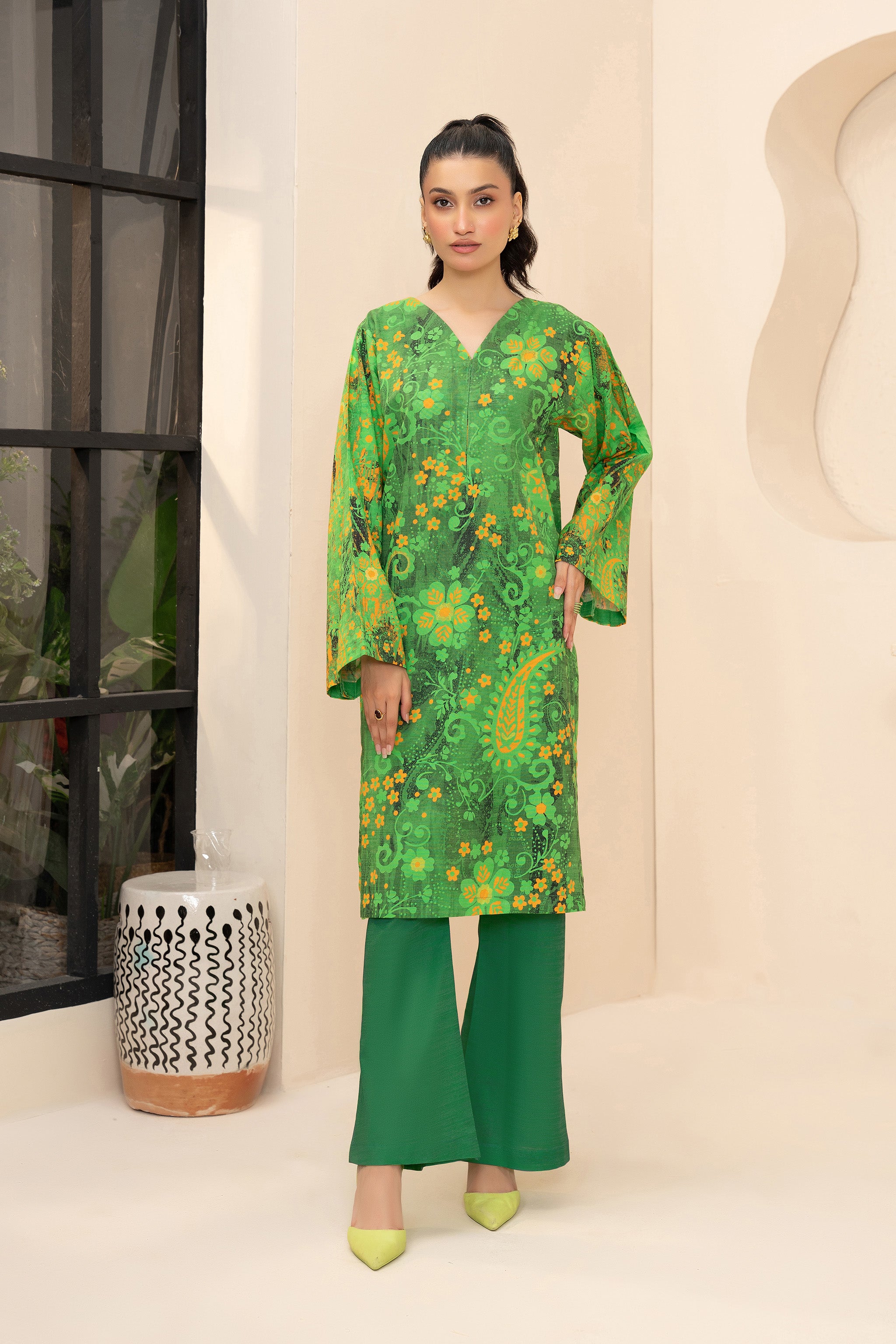 2 Piece Unstitched Printed Green Khaddar