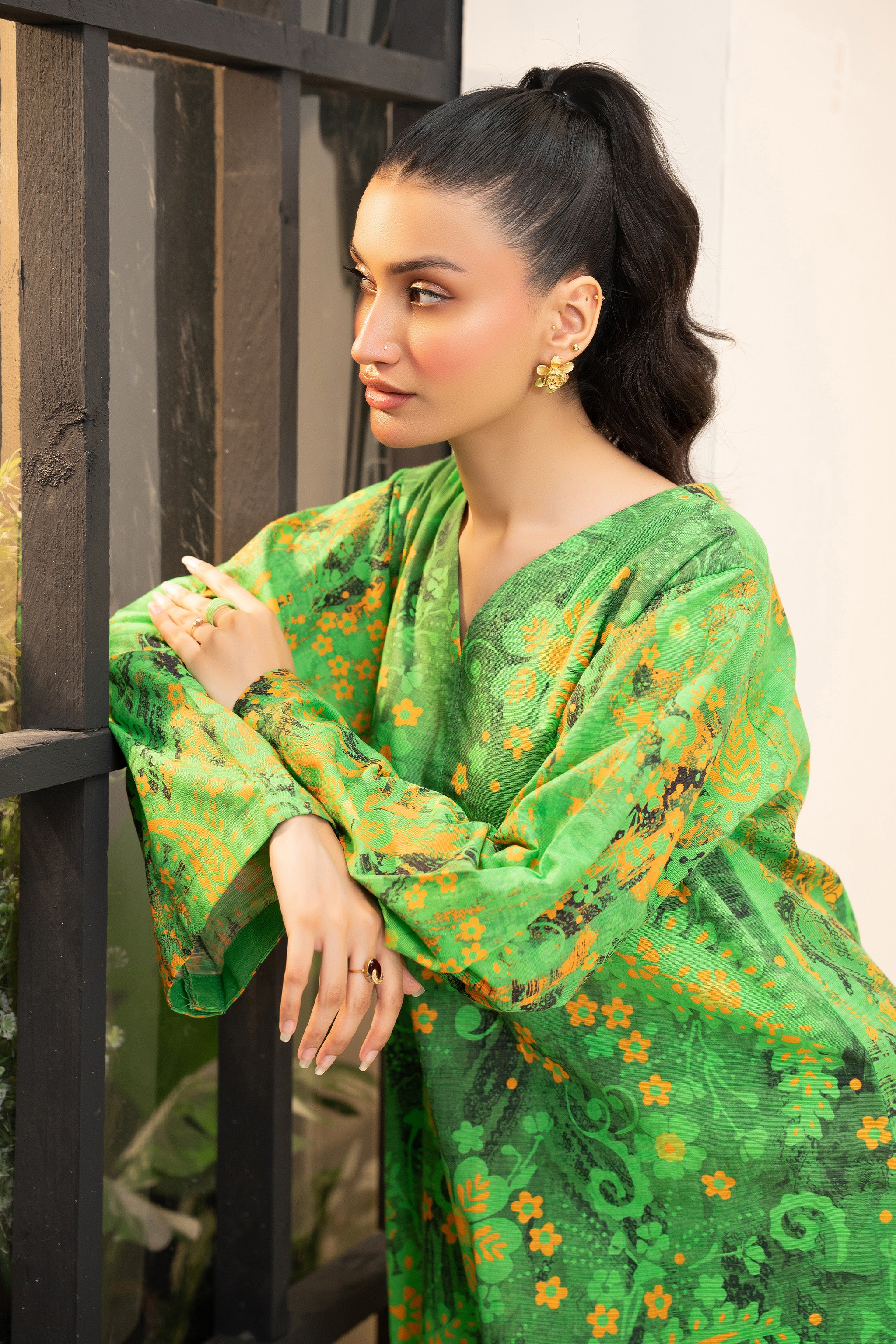 2 Piece Unstitched Printed Green Khaddar