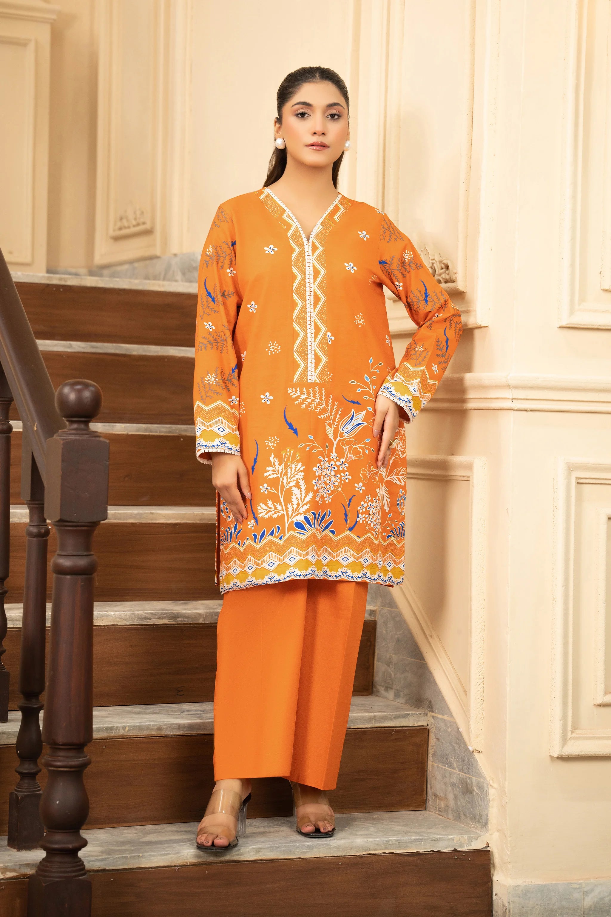 2 Piece Unstitched Printed Orange Khaddar