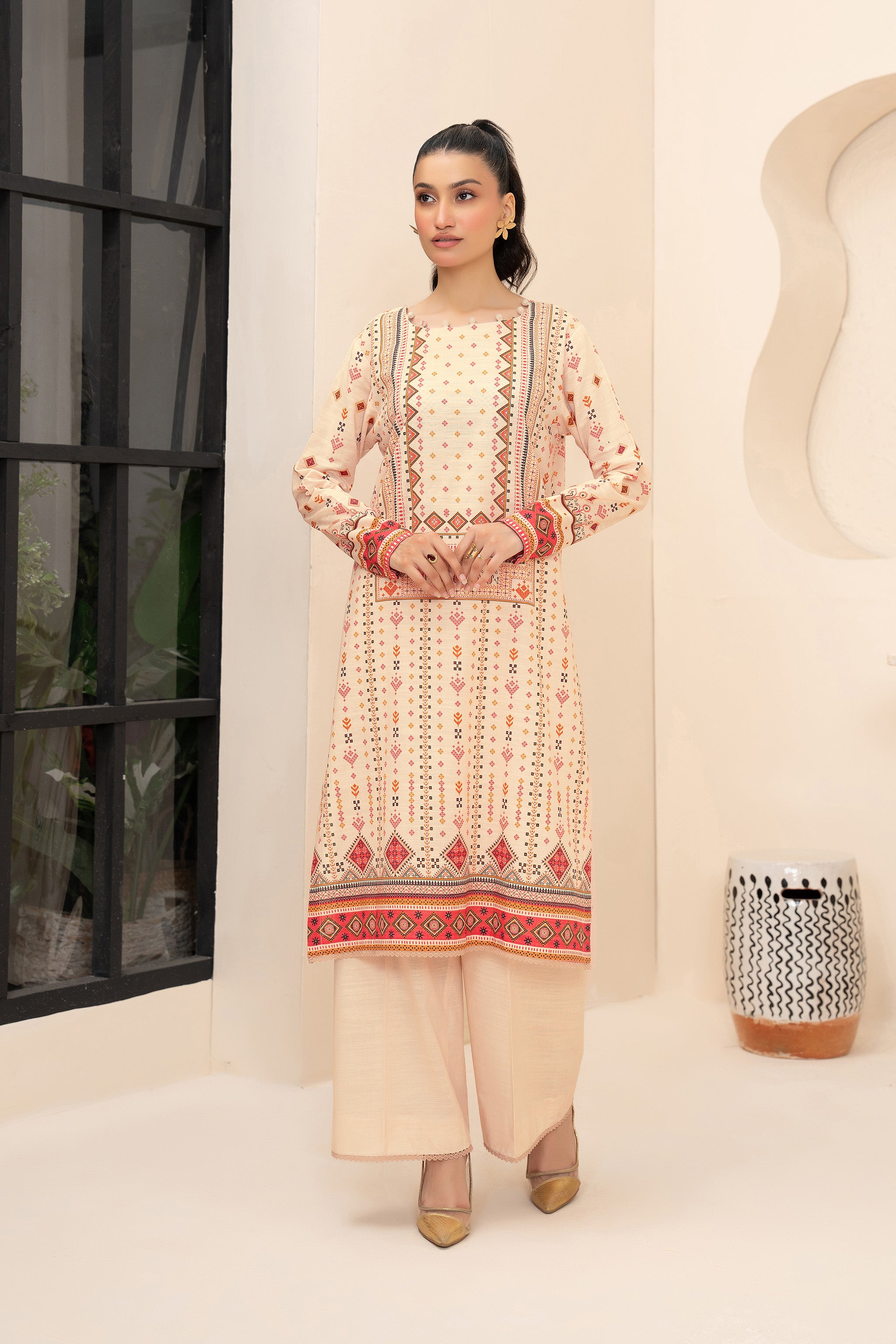 2 Piece Unstitched Printed Peach Khaddar