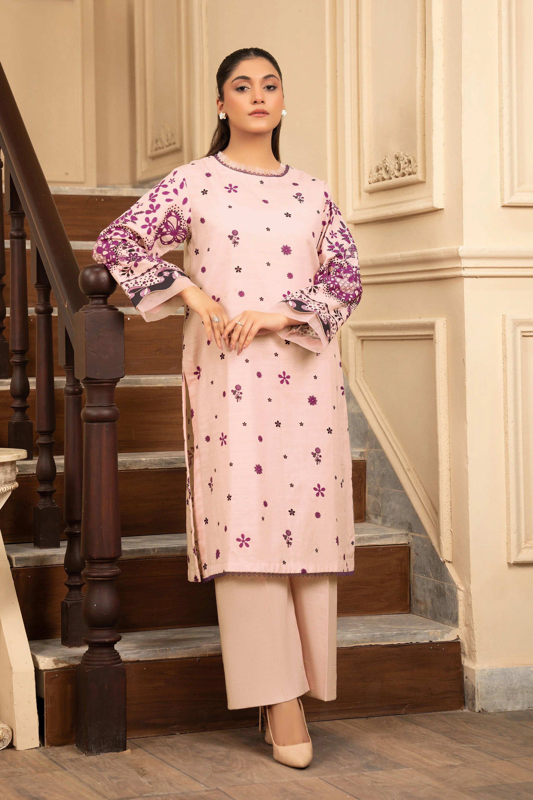 2 Piece Unstitched Printed Peach Khaddar Secondary image