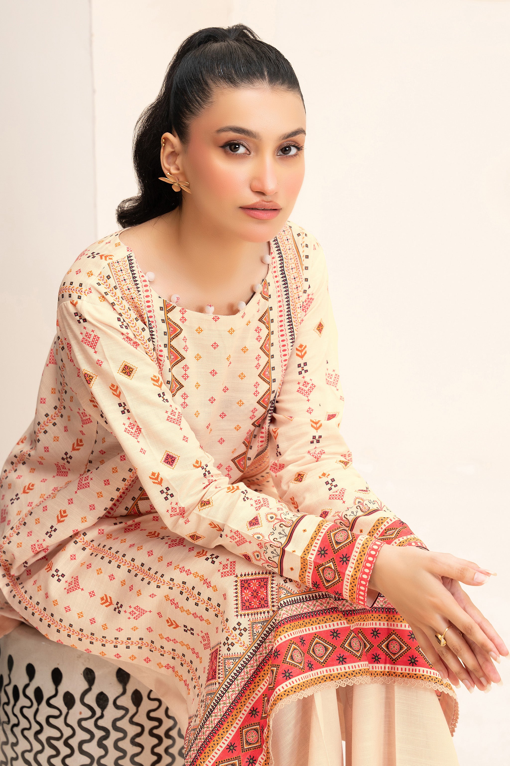 2 Piece Unstitched Printed Peach Khaddar