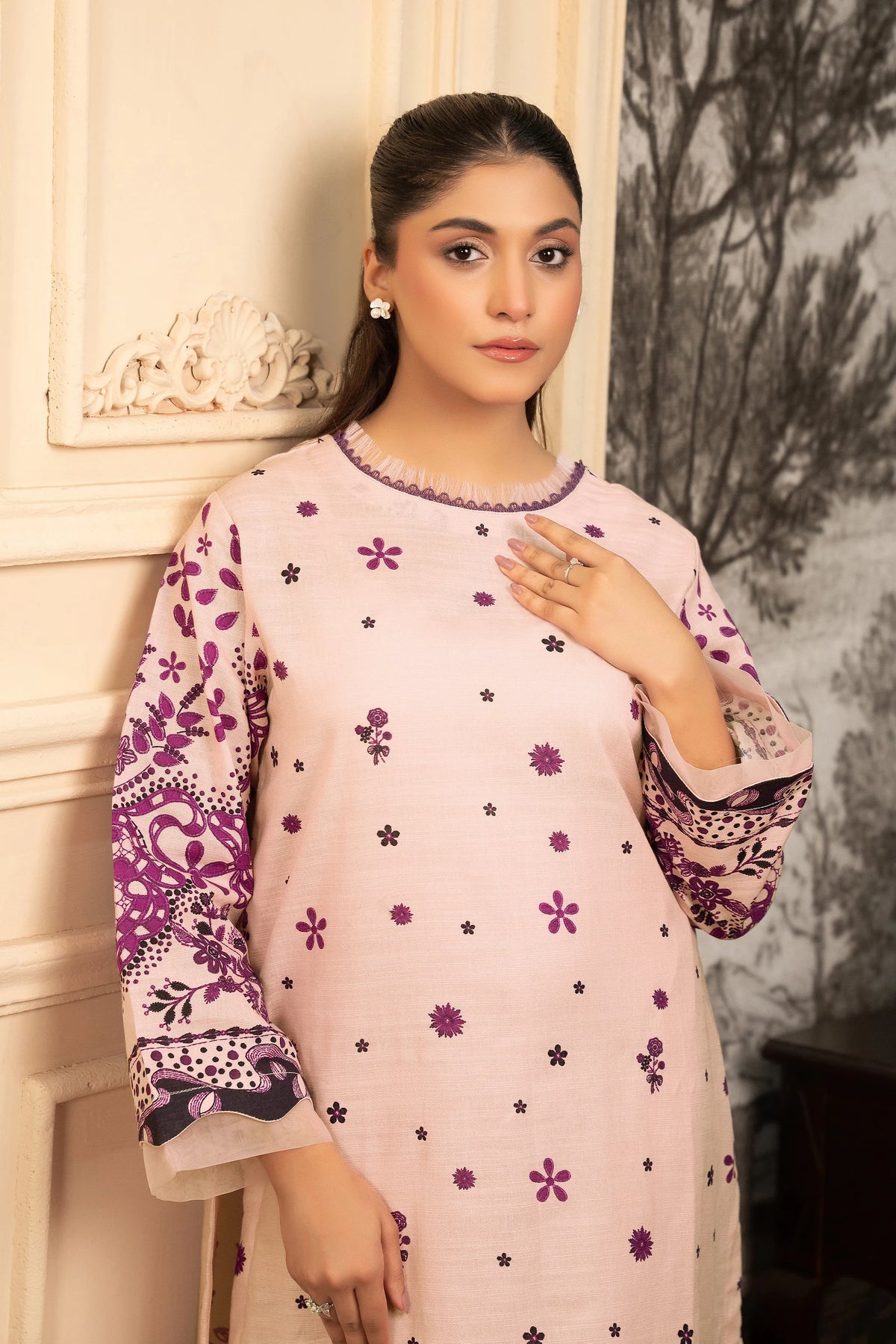 2 Piece Unstitched Printed Peach Khaddar