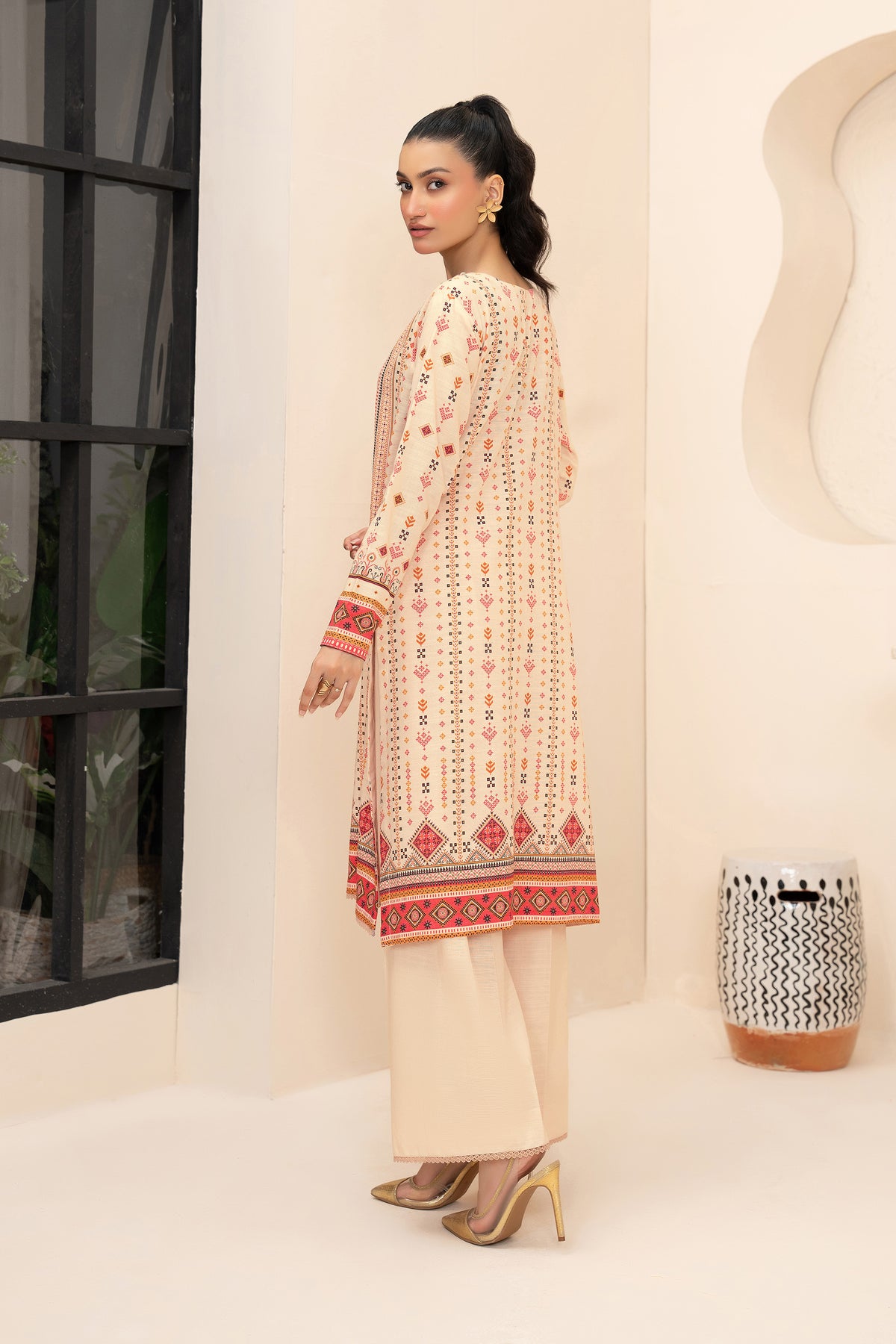2 Piece Unstitched Printed Peach Khaddar