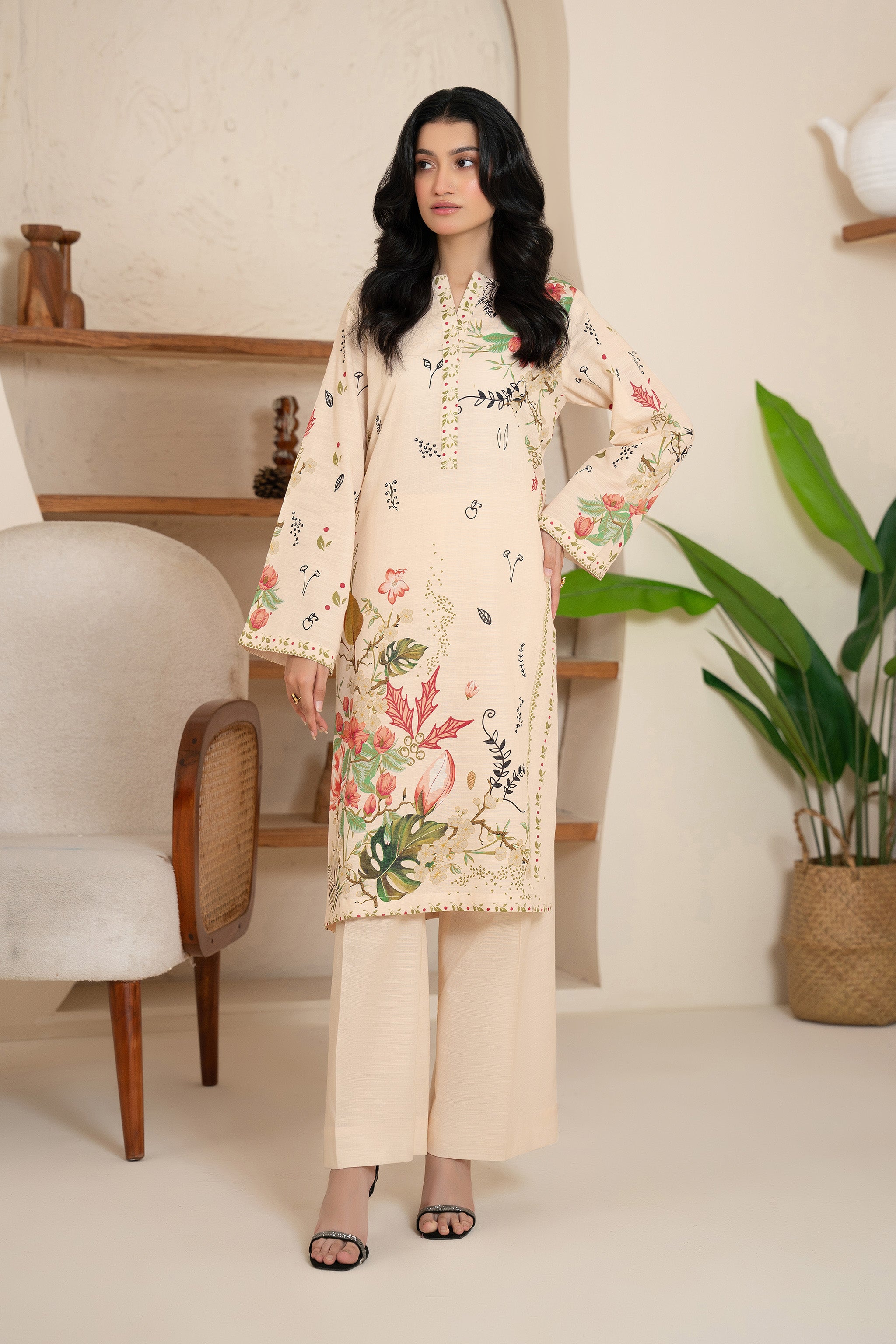 2 Piece Unstitched Printed Peach Puff Khaddar Secondary image