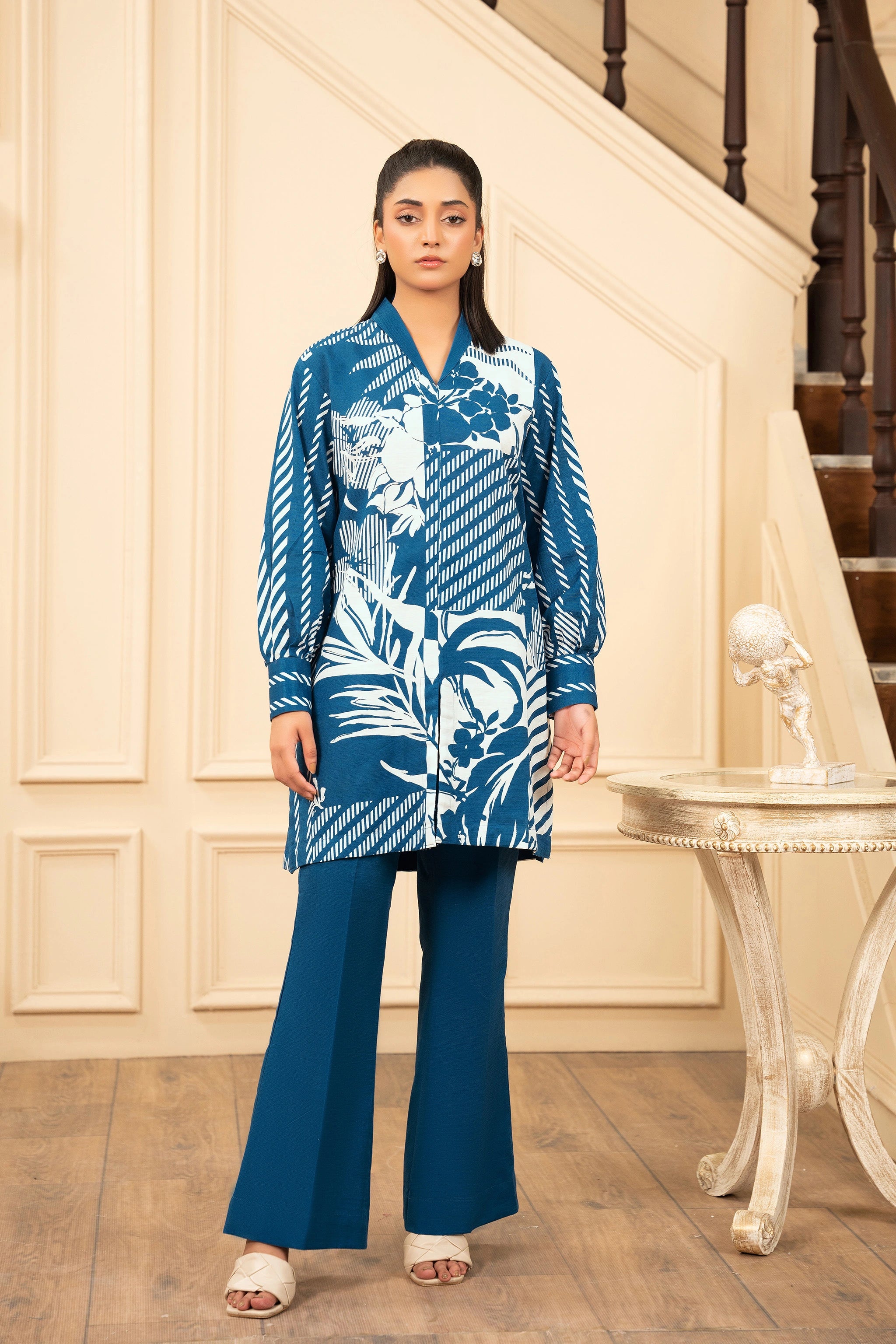 2 Piece Unstitched Printed Peacock Blue Khaddar