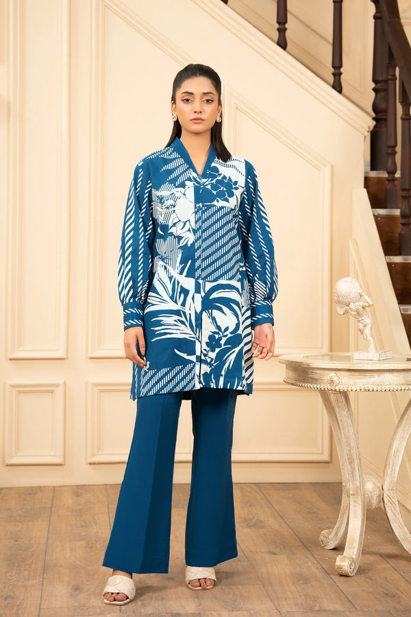 2 Piece Unstitched Printed Peacock Blue Khaddar