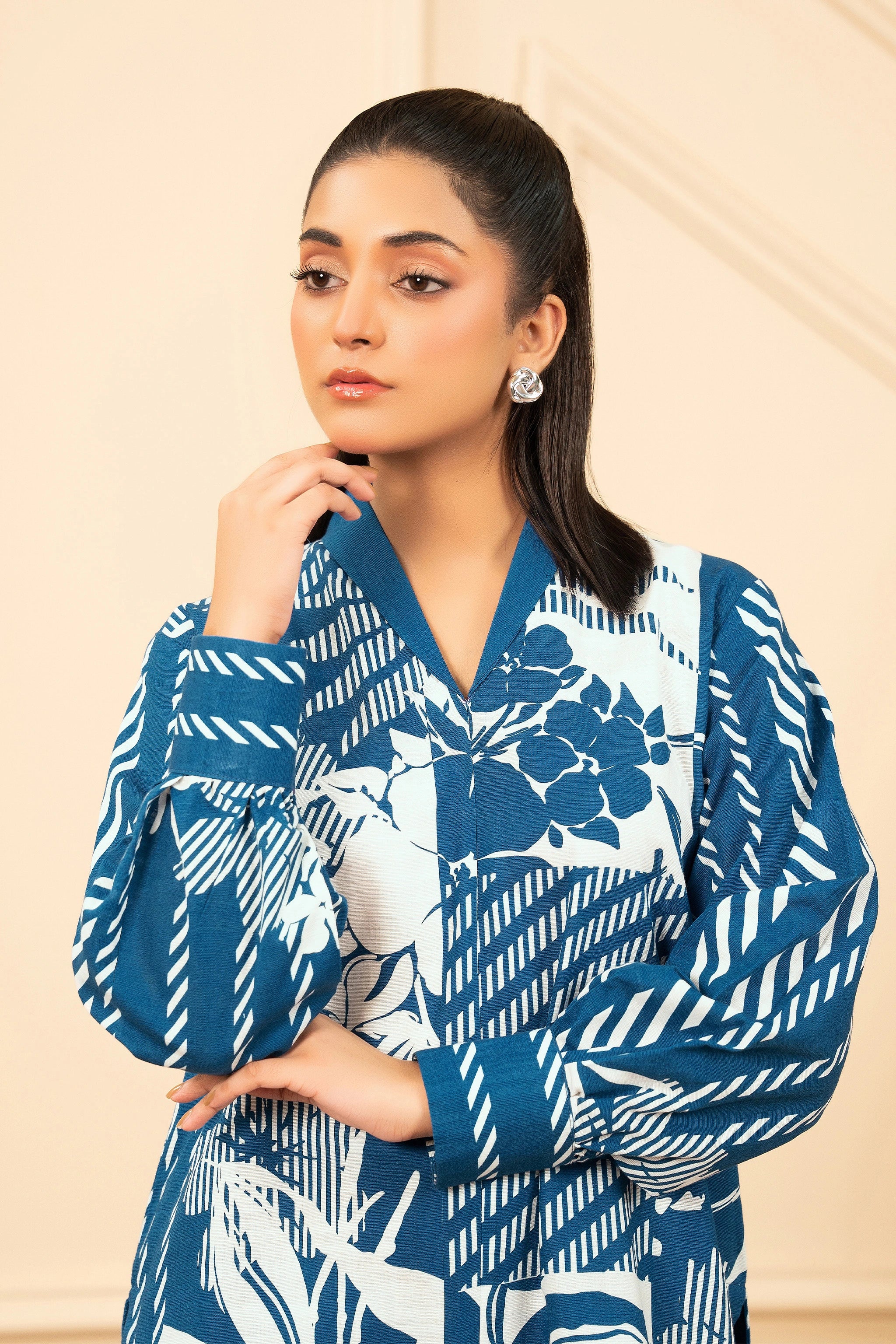 2 Piece Unstitched Printed Peacock Blue Khaddar