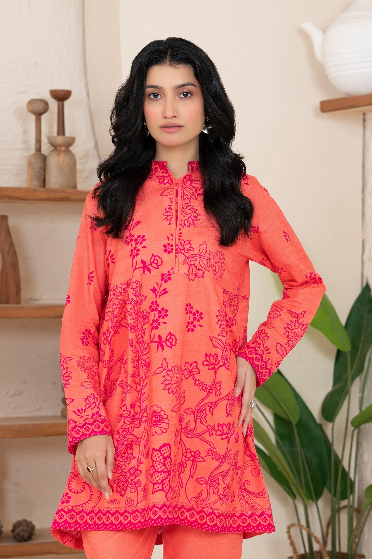 2 Piece Unstitched Printed Pinkish Orange Khaddar