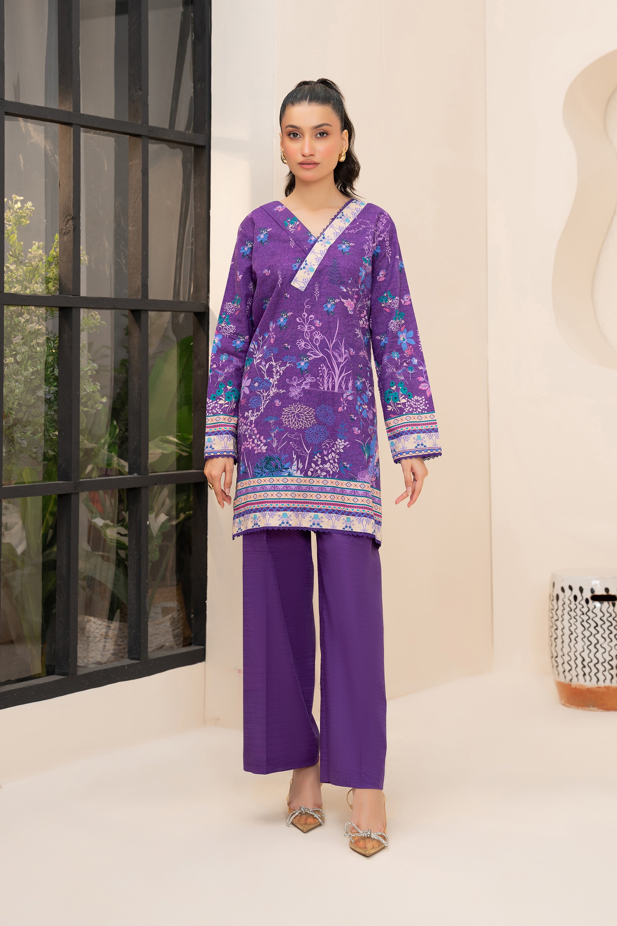 2 Piece Unstitched Printed Purple Khaddar