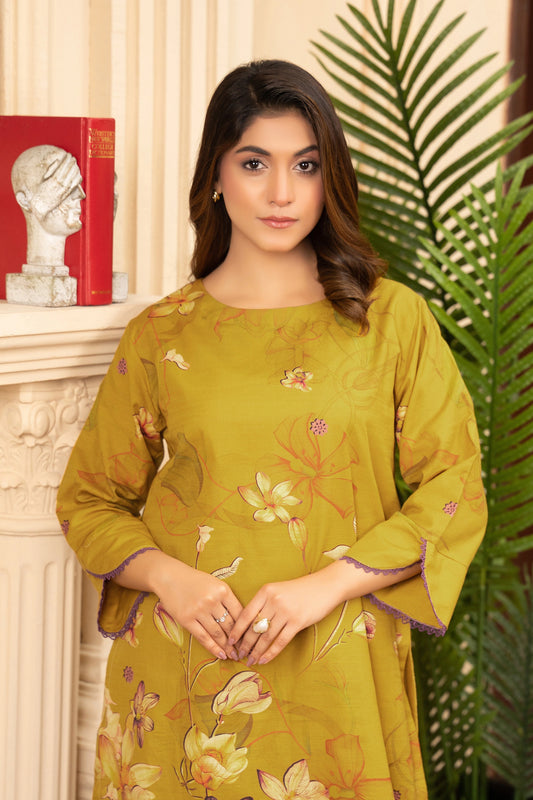 2 Piece Unstitched Printed Satin Gold Khaddar