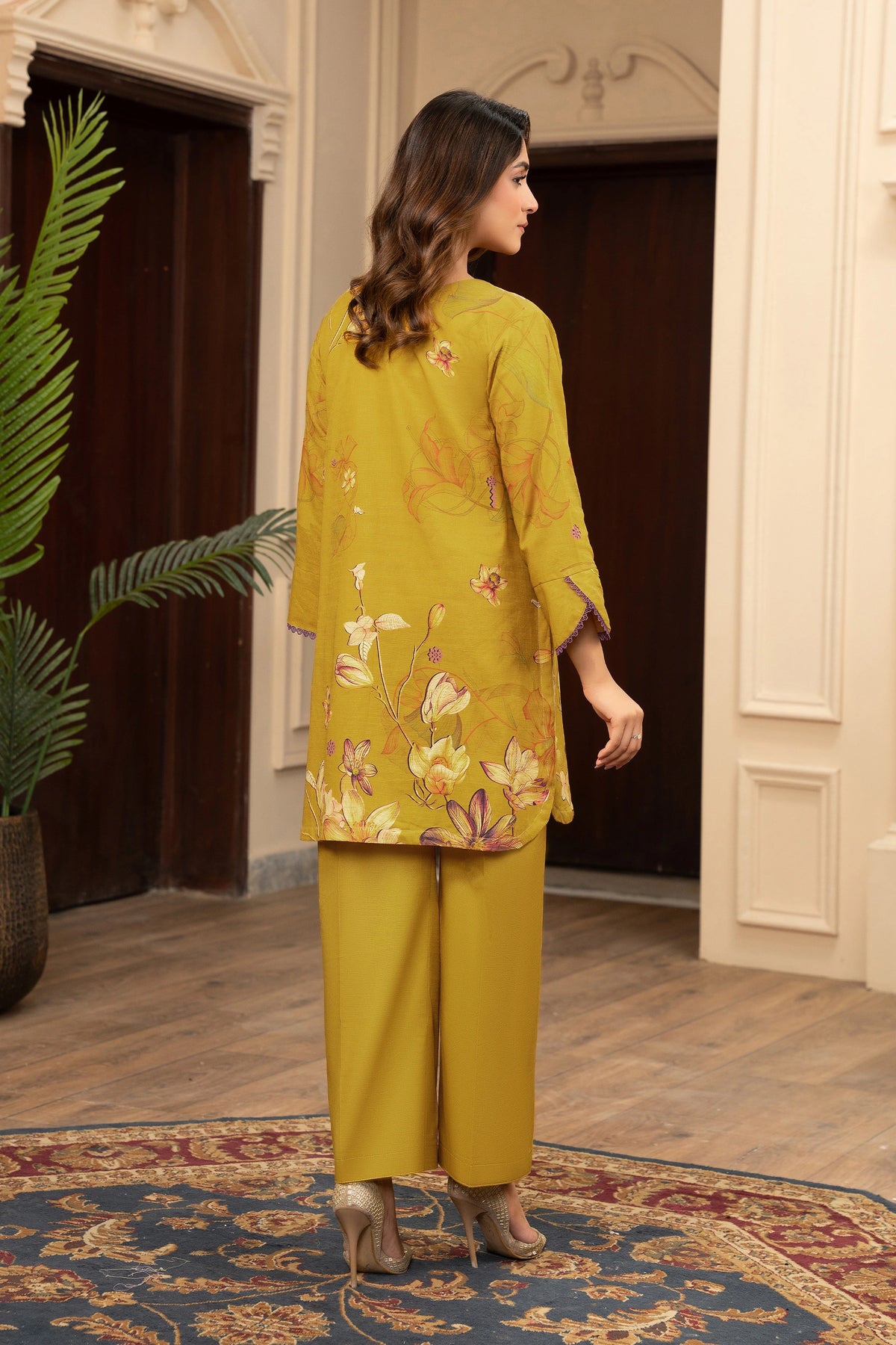 2 Piece Unstitched Printed Satin Gold Khaddar