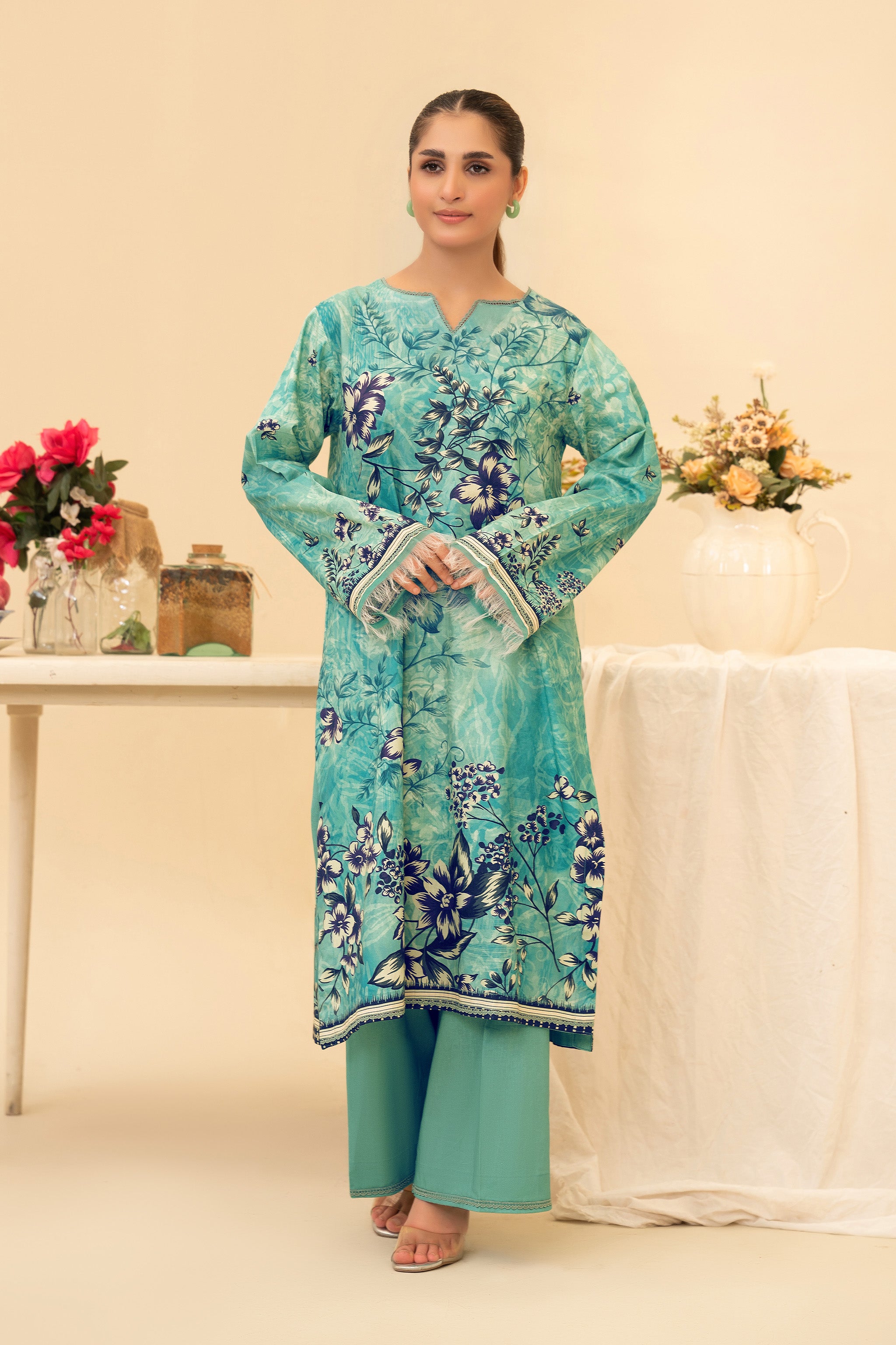 2 Piece Unstitched Teal Printed Cotton Secondary image