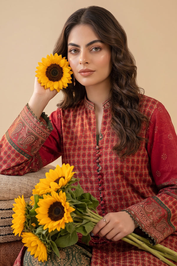 Red 2 Piece Unstitched Dyed Embroidered Lawn