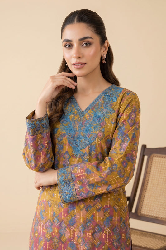 2 Piece Unstitched Embroidered Printed Khaddar - Mustard Gold
