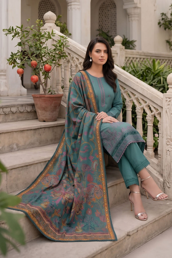 Unstitched Premium Printed 3-Piece Beetle Green Suit