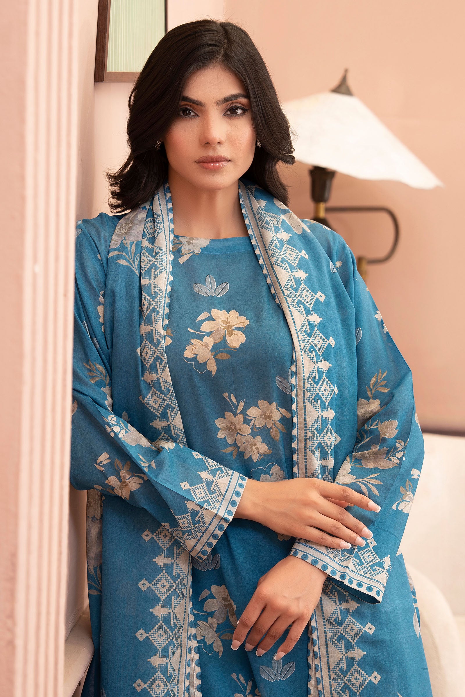 Teal Blue 3 Piece Unstitched Premium Printed Lawn Secondary image