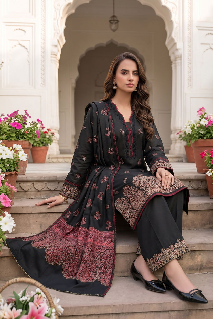 Unstitched Premium Printed 3-Piece Linen Dark Black Suit Main image