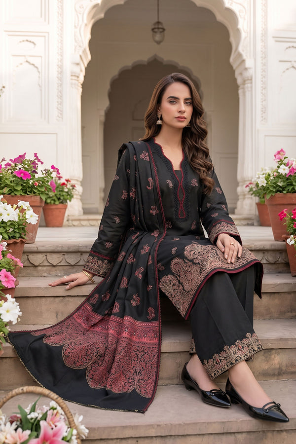 Unstitched Premium Printed 3-Piece Dark Black Suit