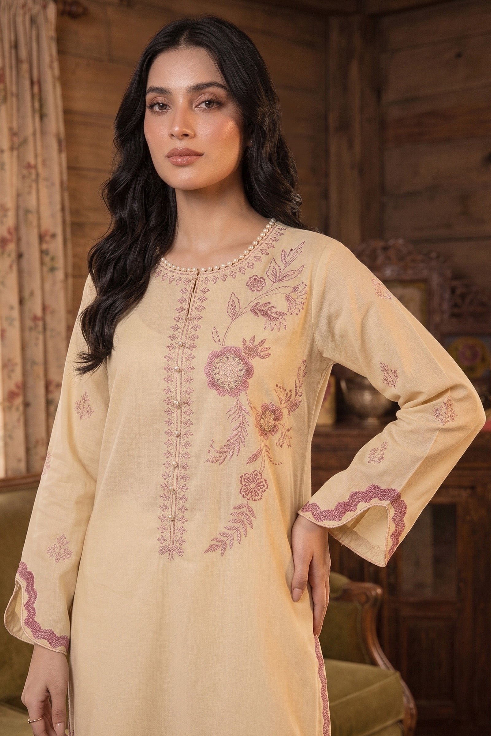Beige 2 Piece Unstitched Dyed Embroidered Lawn Secondary image