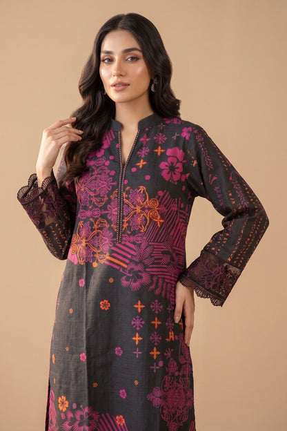 2 Piece Unstitched Printed Lace Cuff Khaddar - Black
