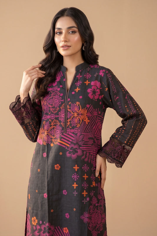 2 Piece Unstitched Printed Lace Cuff Khaddar - Black