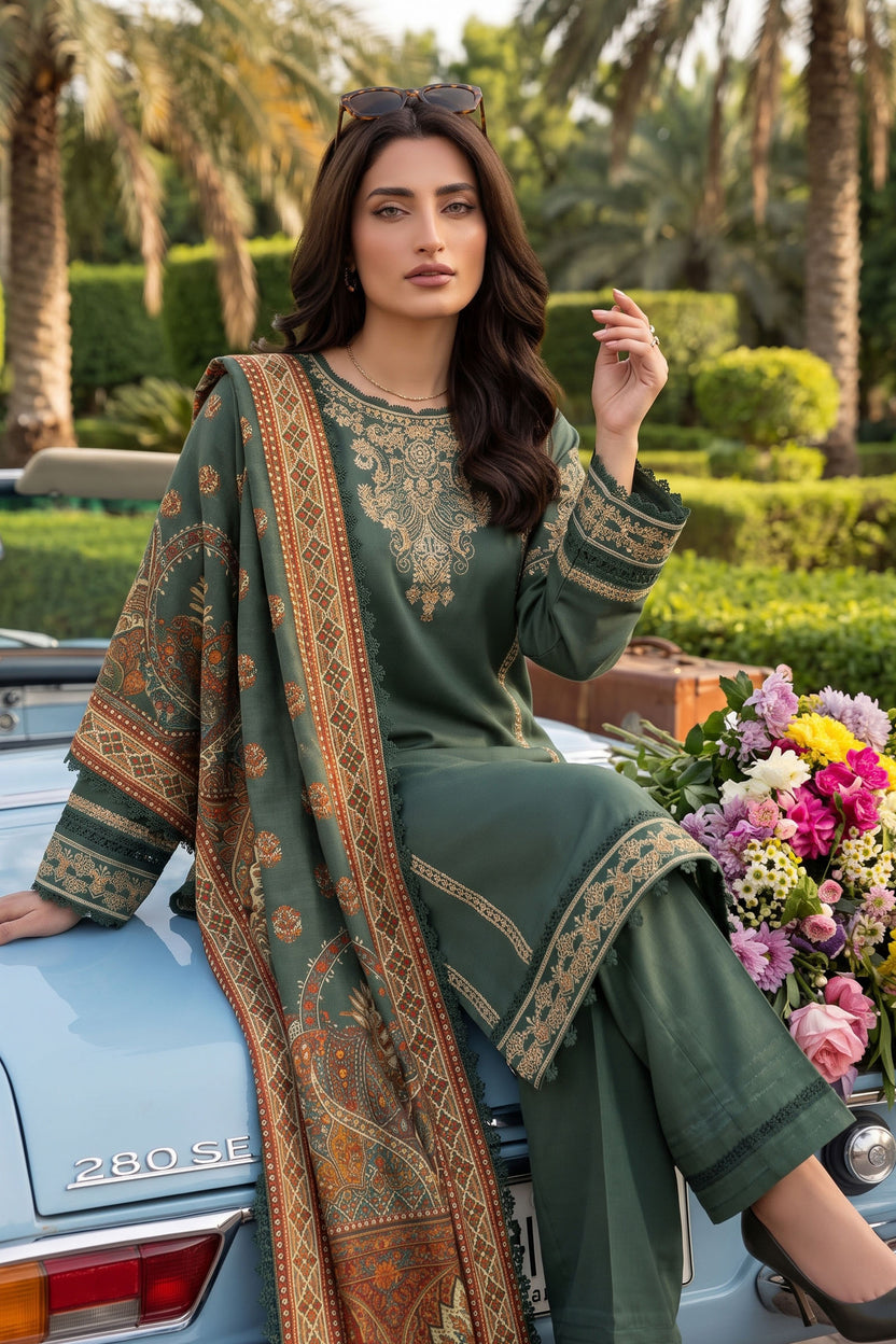 Unstitched Premium Printed 3-Piece Linen Lunar Green Suit Main image