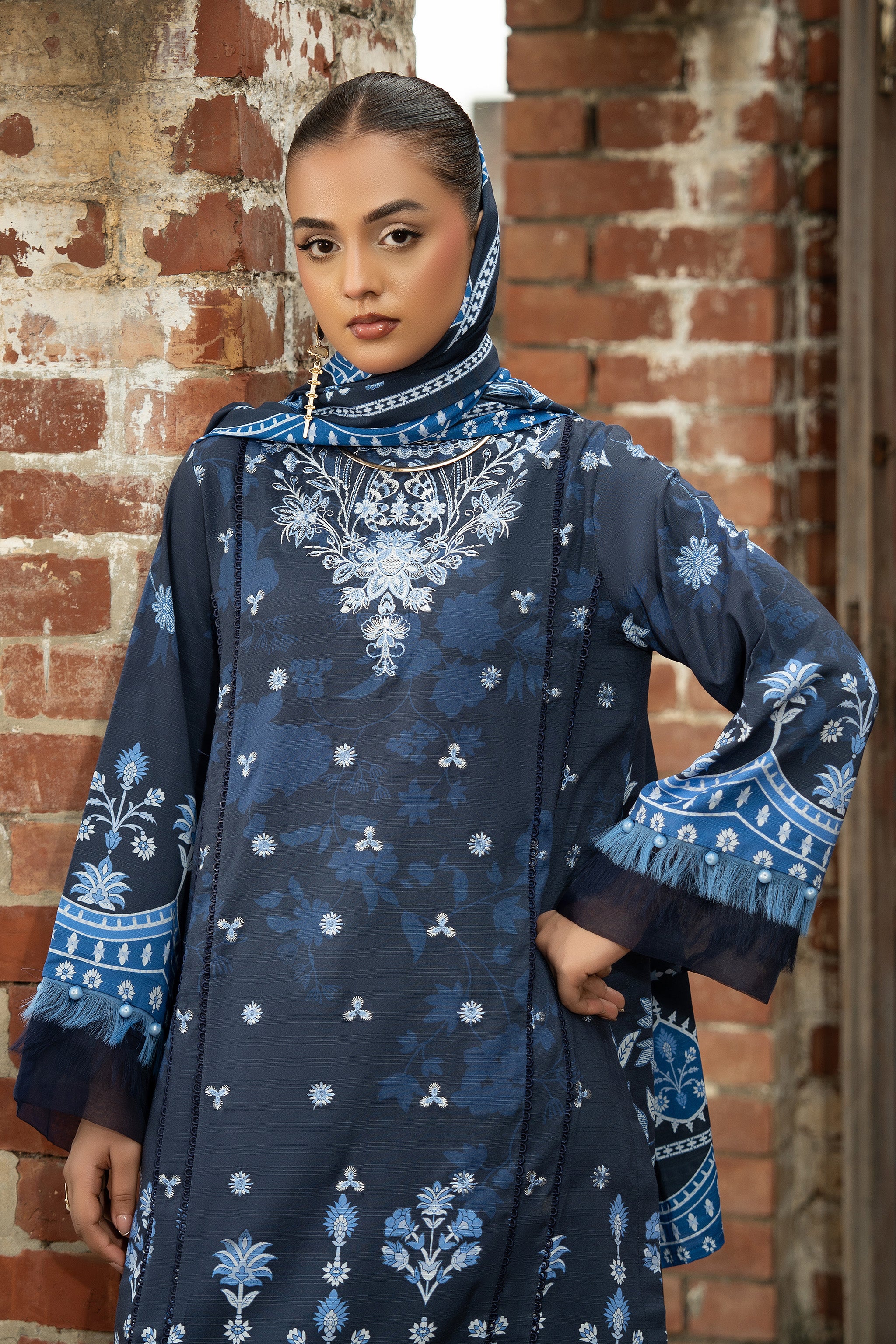 3 Piece Unstitched Navy Blue Embroidered Linen