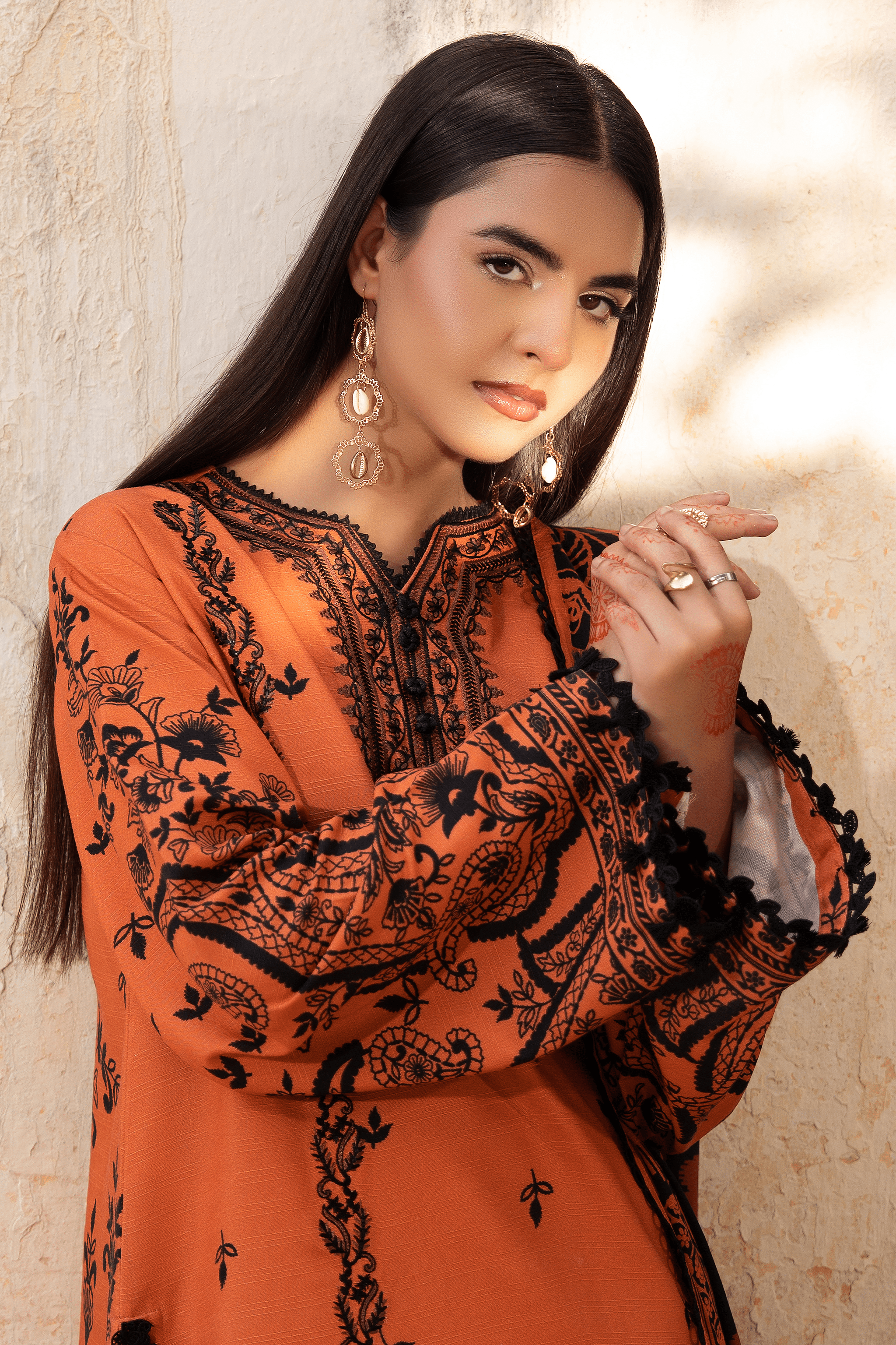 3 Piece Unstitched Orange Embroidered Linen