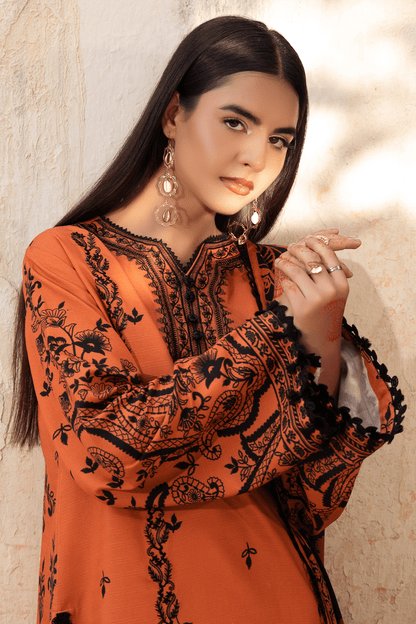 3 Piece Unstitched Orange Embroidered Linen