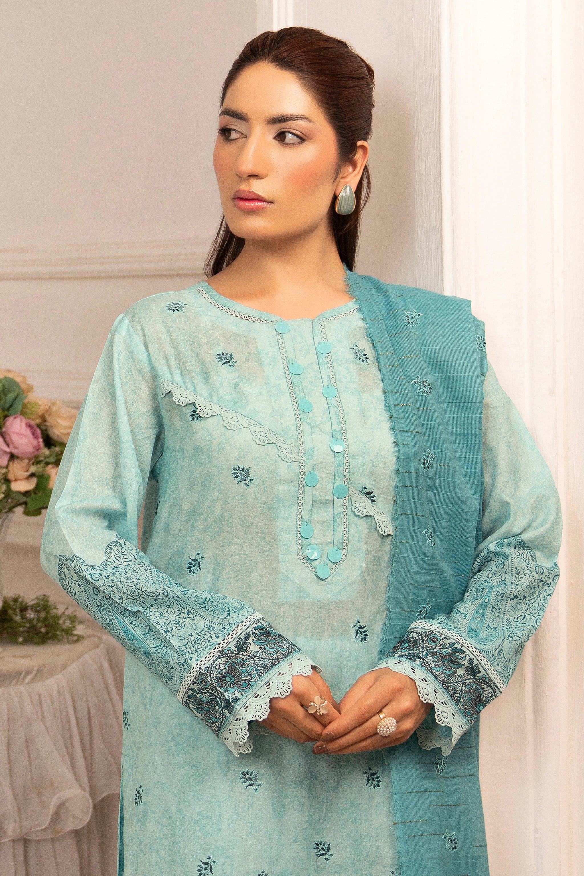 3 Piece Unstitched Cambridge Blue Premium Emb Jacquard Lawn