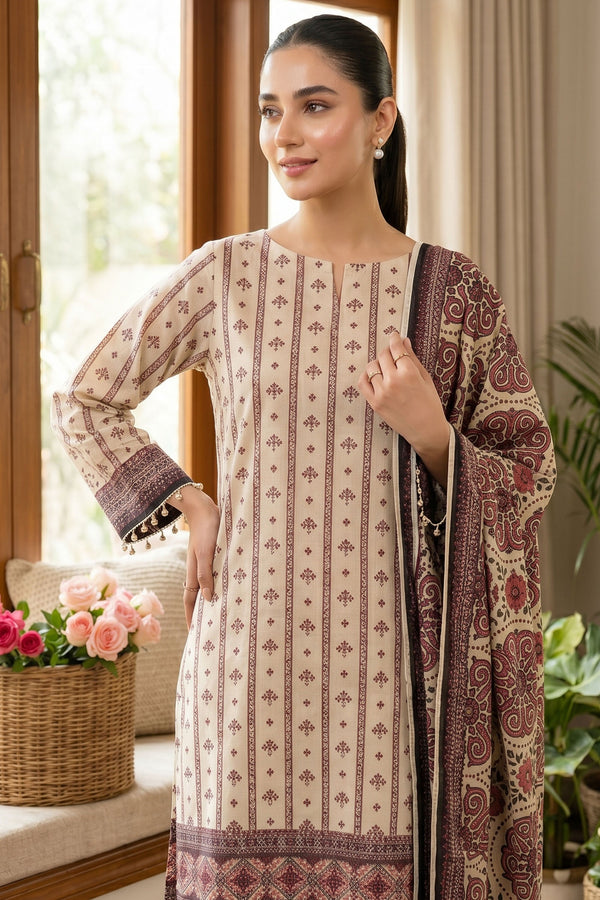 Beige 3 Piece Unstitched Premium Printed Lawn