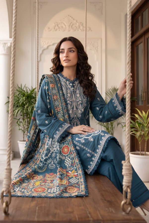 Unstitched Premium Printed 3-Piece Dark Blue Suit