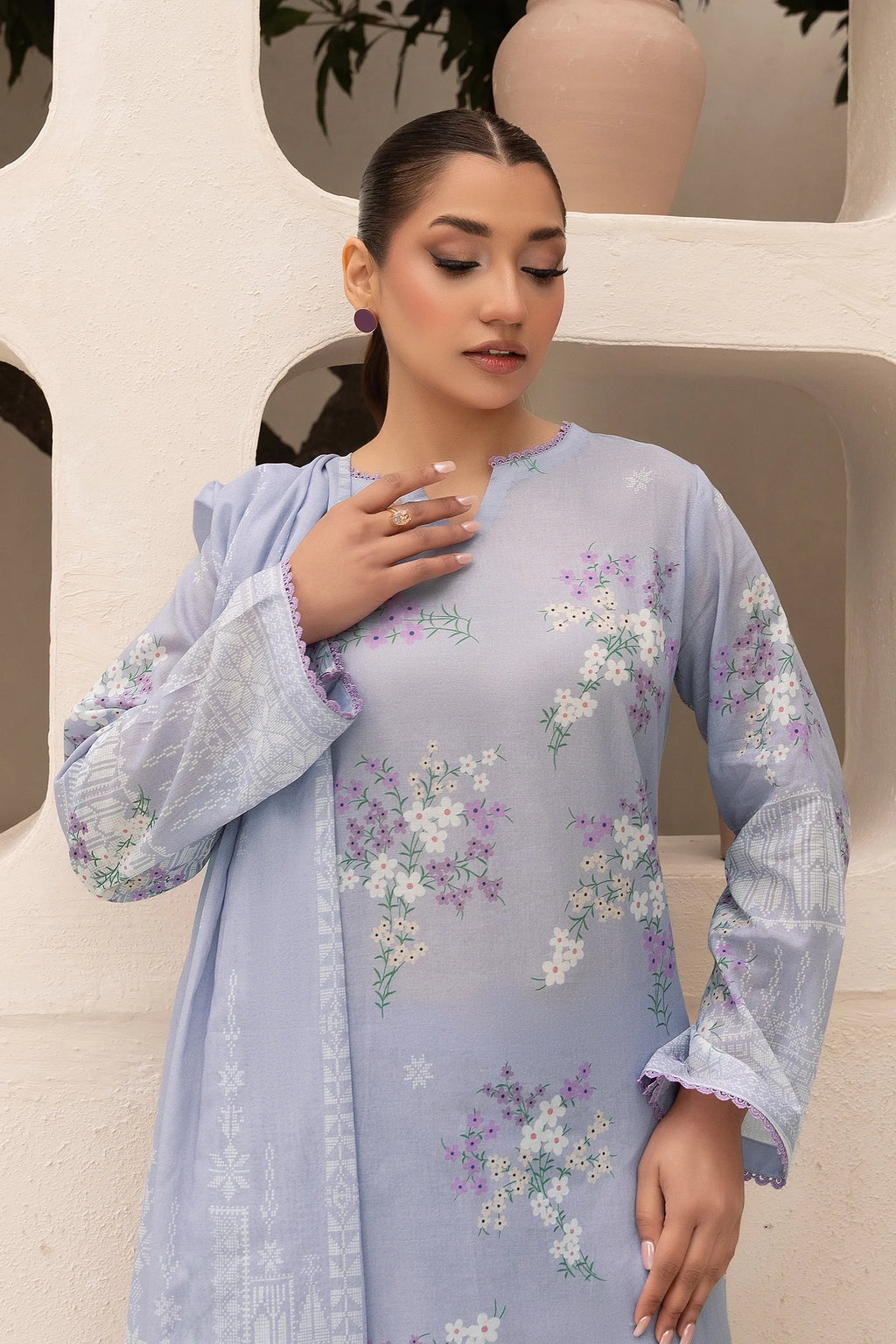 3 Piece Unstitched Lavender Gray Premium Printed Lawn