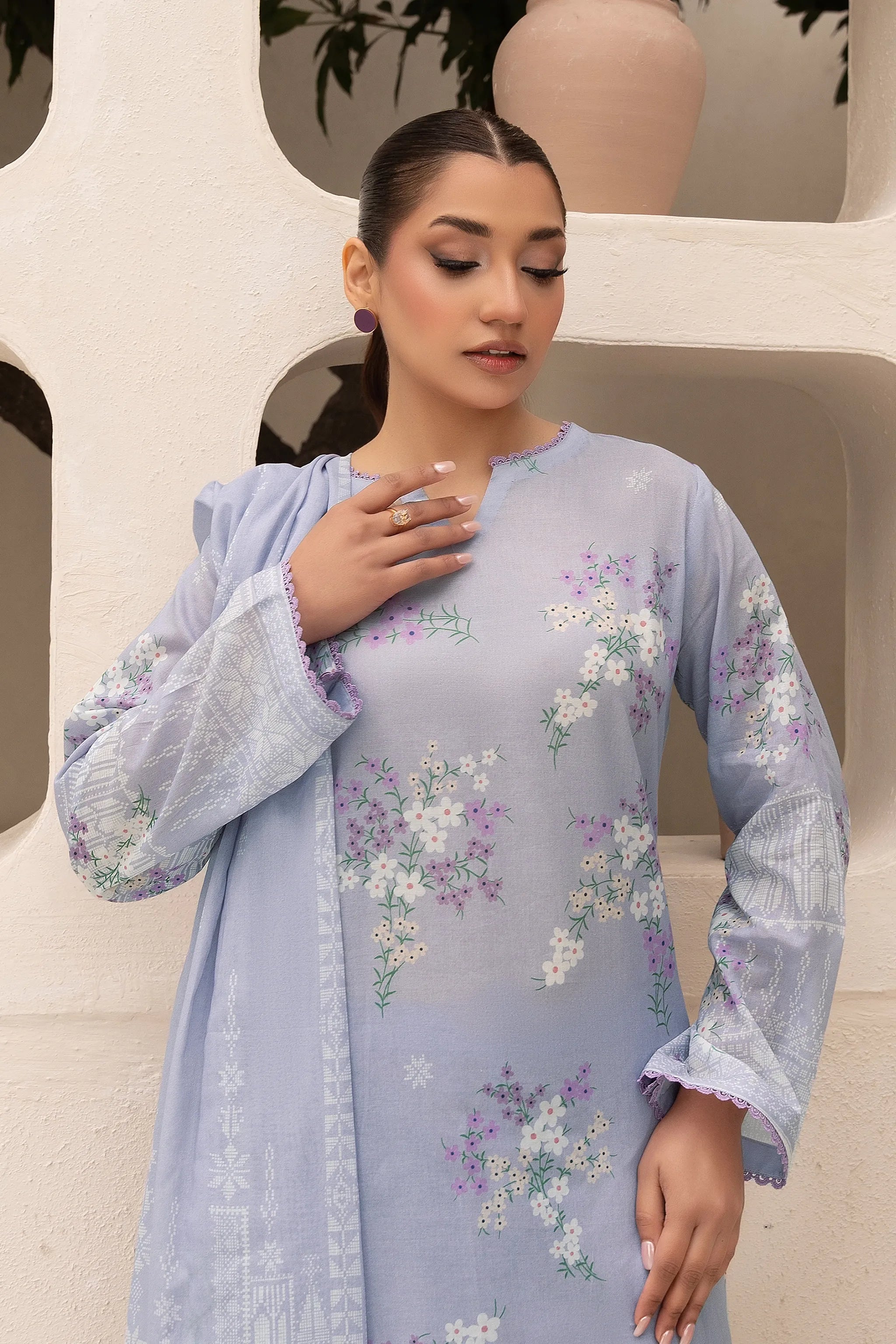 3 Piece Unstitched Lavender Gray Premium Printed Lawn