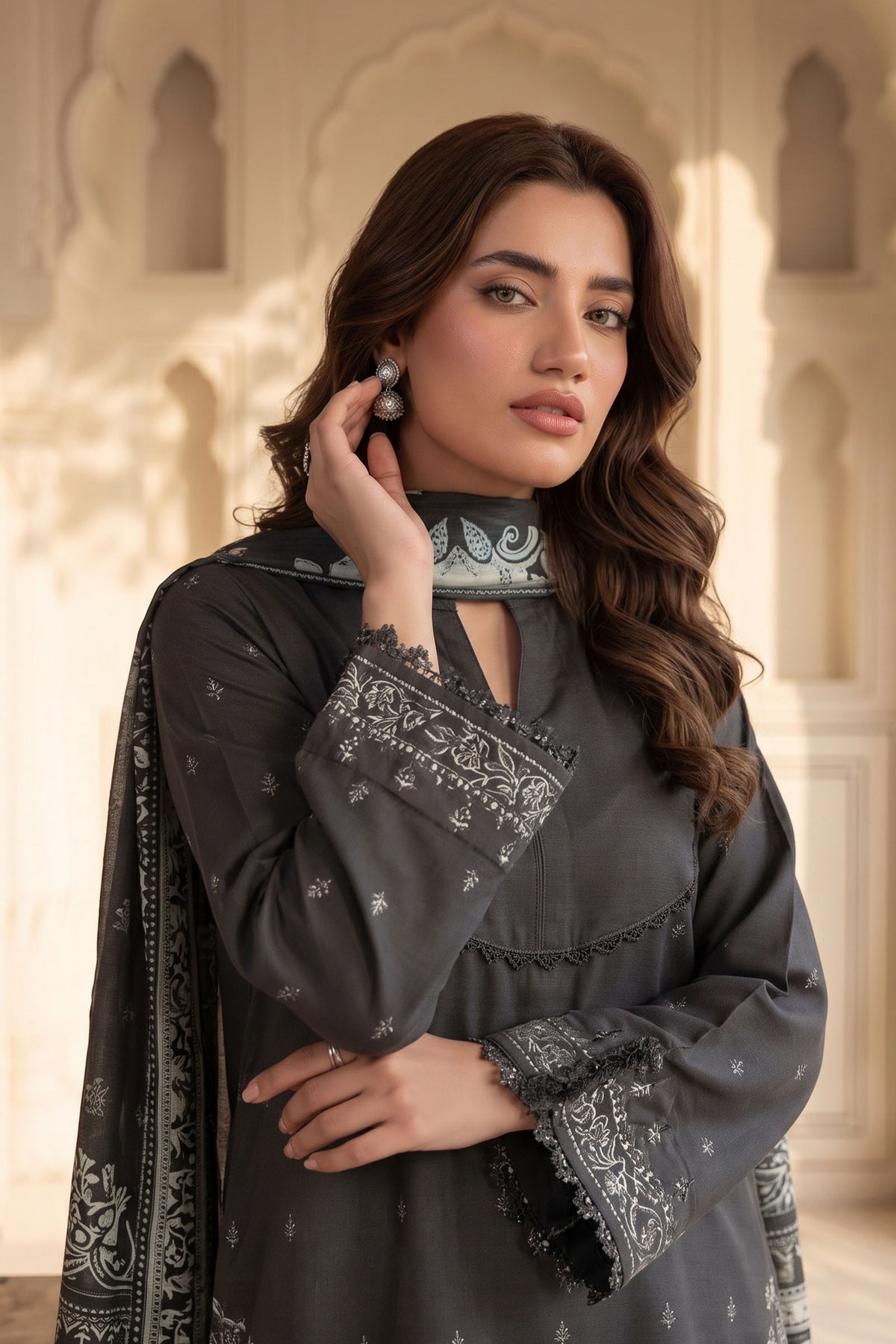 Unstitched Premium Printed 3-Piece Pearl Black Suit Main image