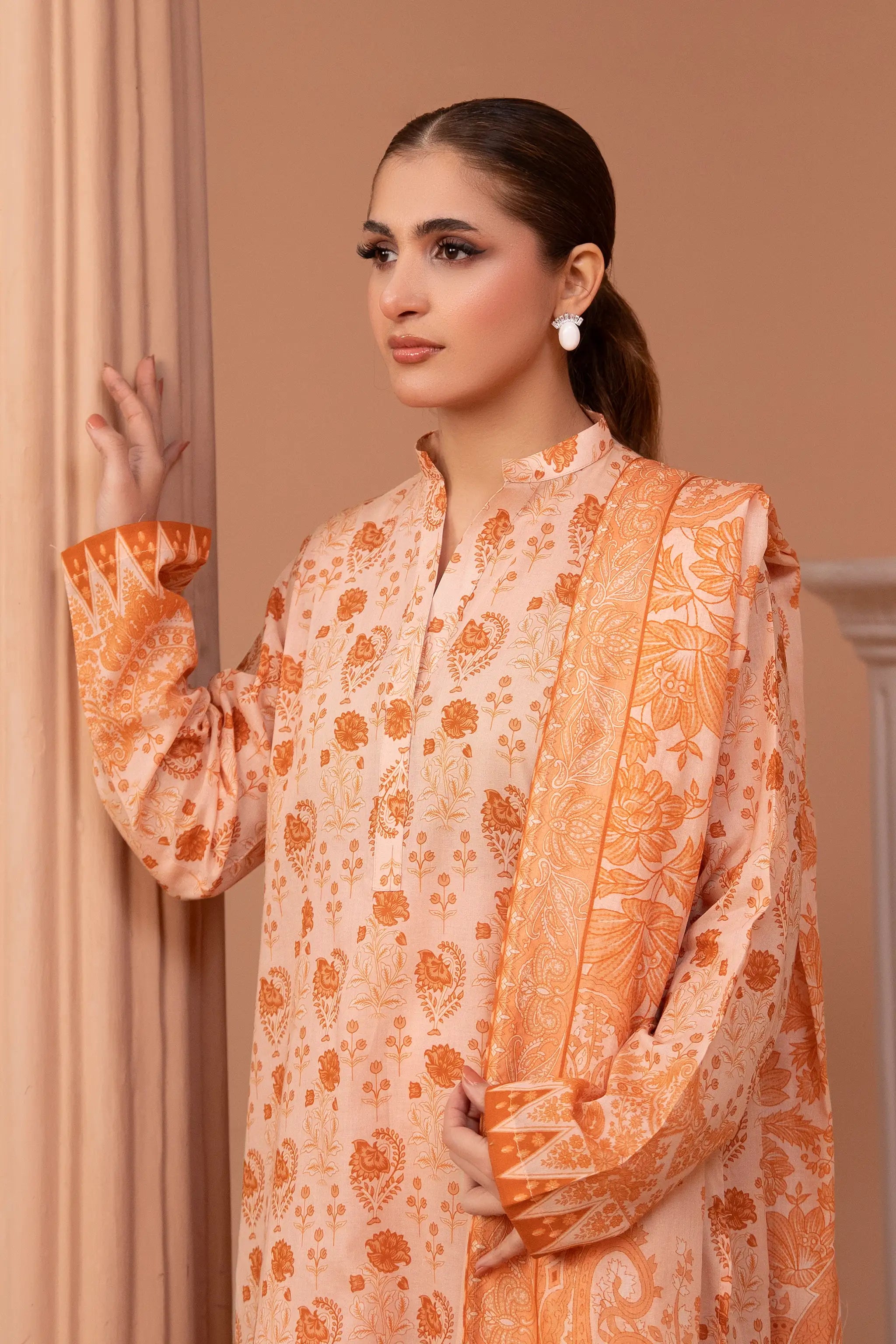 3 Piece Unstitched Peach Premium Printed Lawn