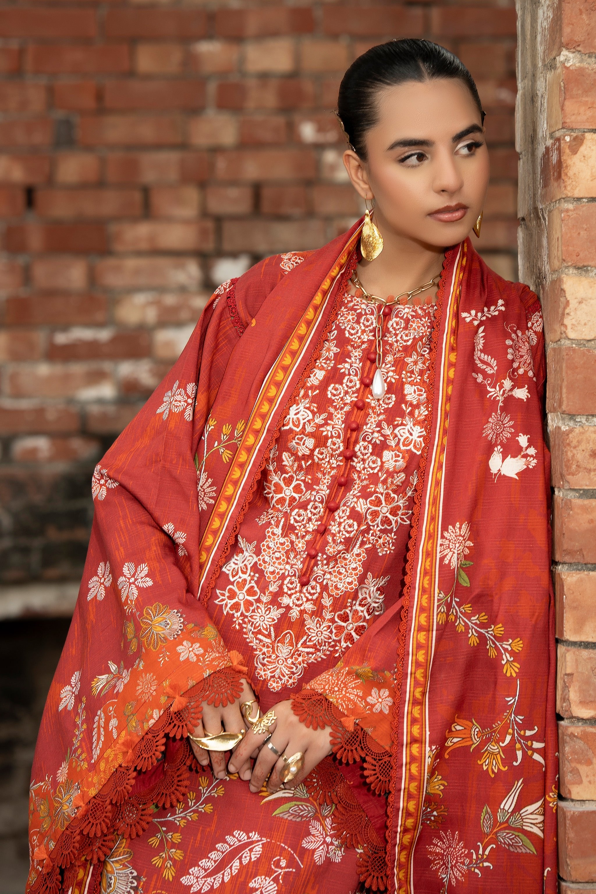 3 Piece Unstitched Rust Embroidered Linen